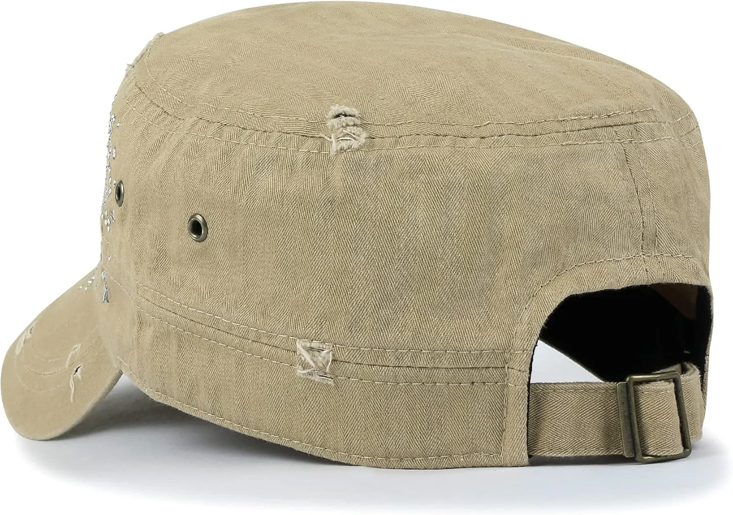 ililily Rhinestone Cotton Cadet Cap Vintage Distressed Cotton Military Army Hat