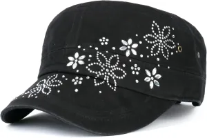ililily Rhinestone Cotton Cadet Cap Vintage Distressed Cotton Military Army Hat
