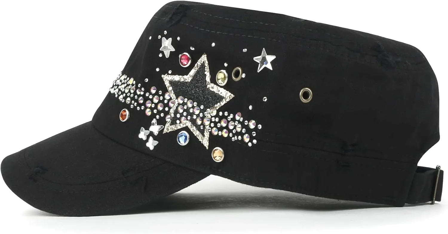 ililily Rhinestone Cotton Cadet Cap Vintage Distressed Cotton Military Army Hat