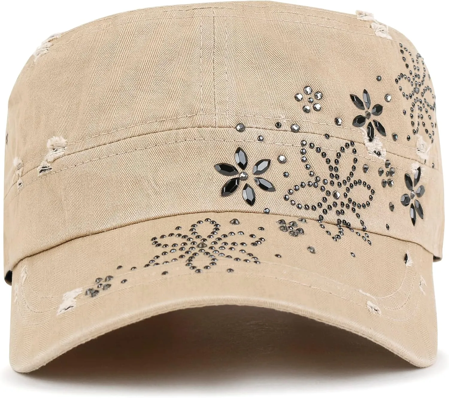 ililily Rhinestone Cotton Cadet Cap Vintage Distressed Cotton Military Army Hat