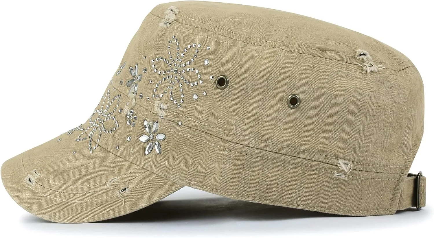 ililily Rhinestone Cotton Cadet Cap Vintage Distressed Cotton Military Army Hat