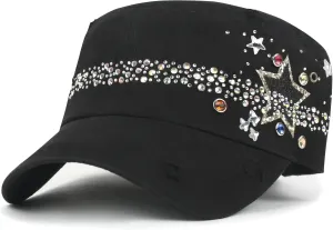 ililily Rhinestone Cotton Cadet Cap Vintage Distressed Cotton Military Army Hat