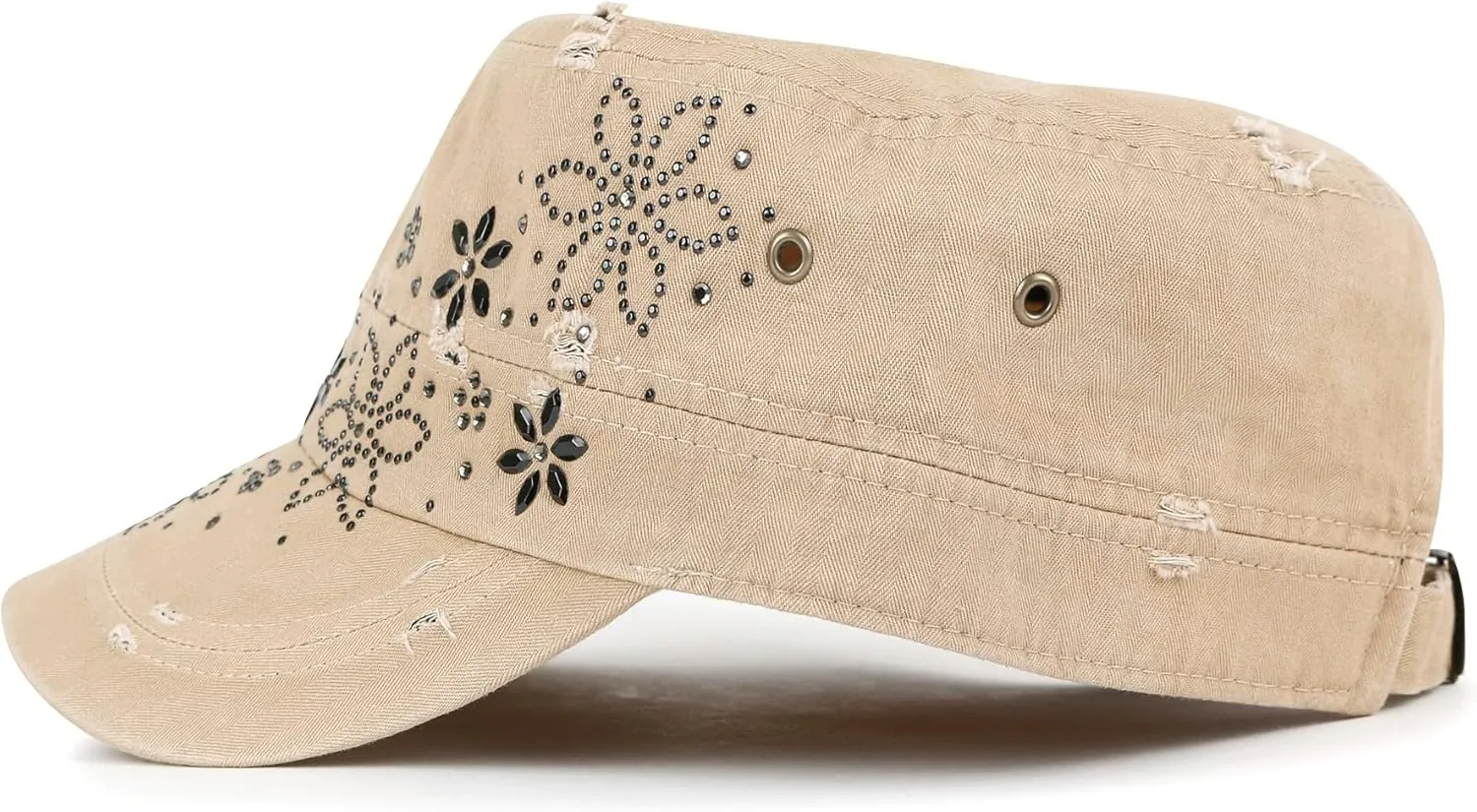 ililily Rhinestone Cotton Cadet Cap Vintage Distressed Cotton Military Army Hat