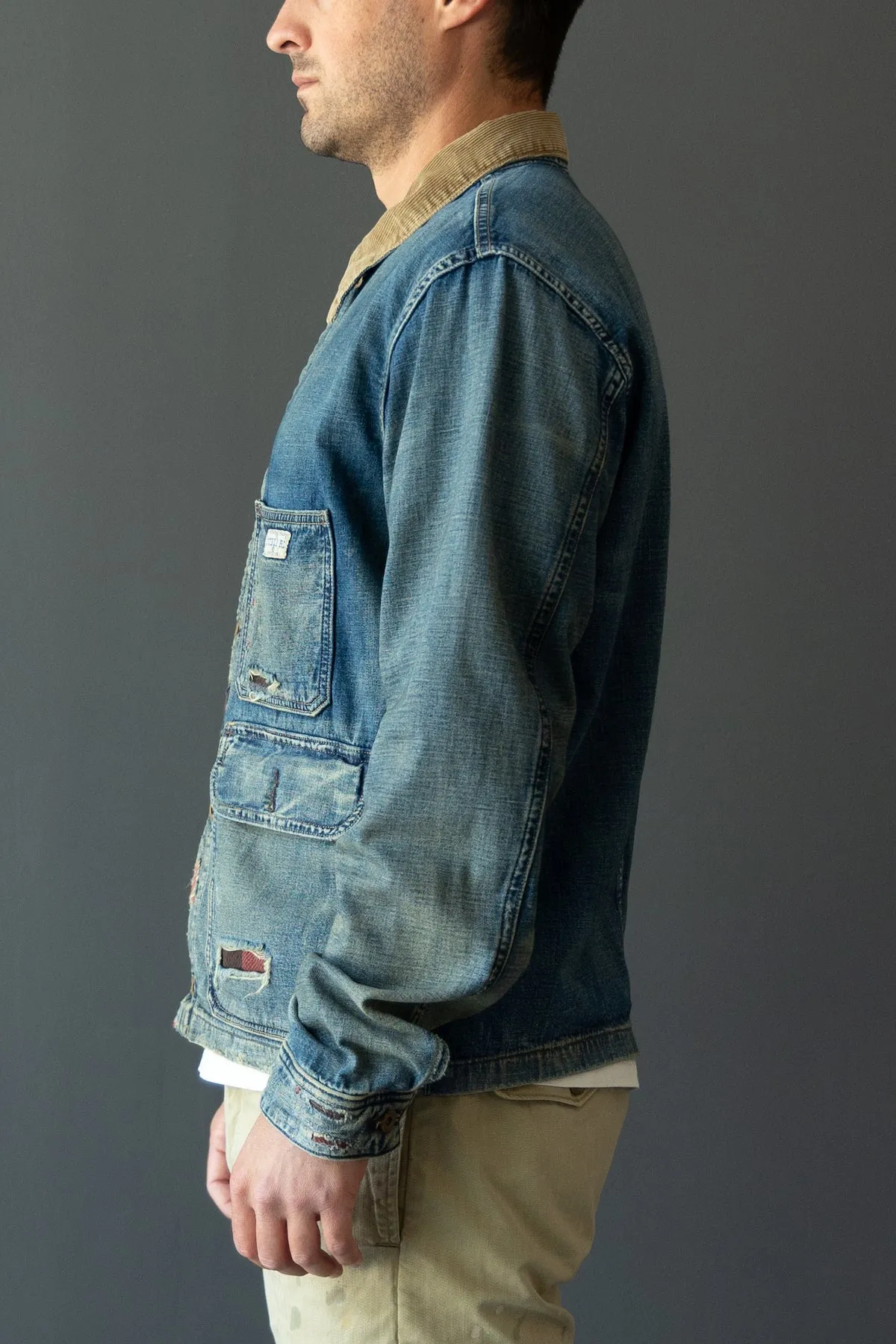 Indigo Cotton-Linen Denim Work Jacket - Repaired Campton Wash