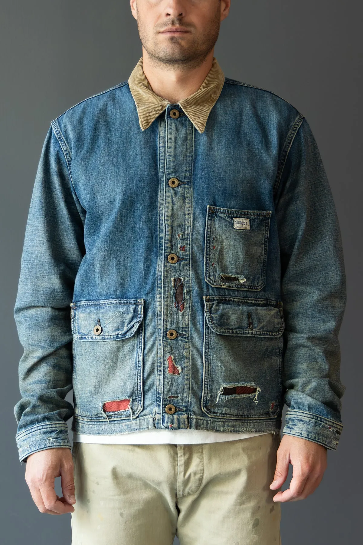 Indigo Cotton-Linen Denim Work Jacket - Repaired Campton Wash