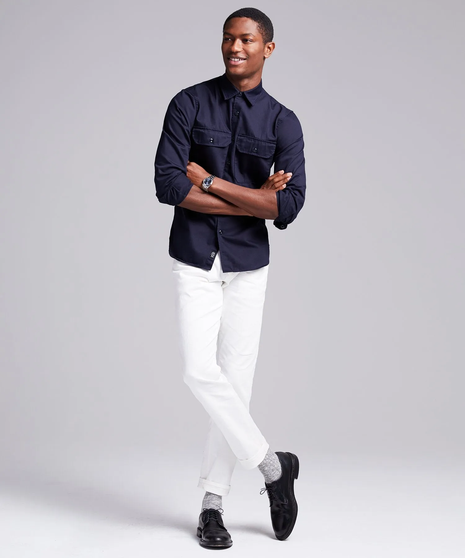 Italian Two Pocket Utility Long Sleeve Shirt in Navy