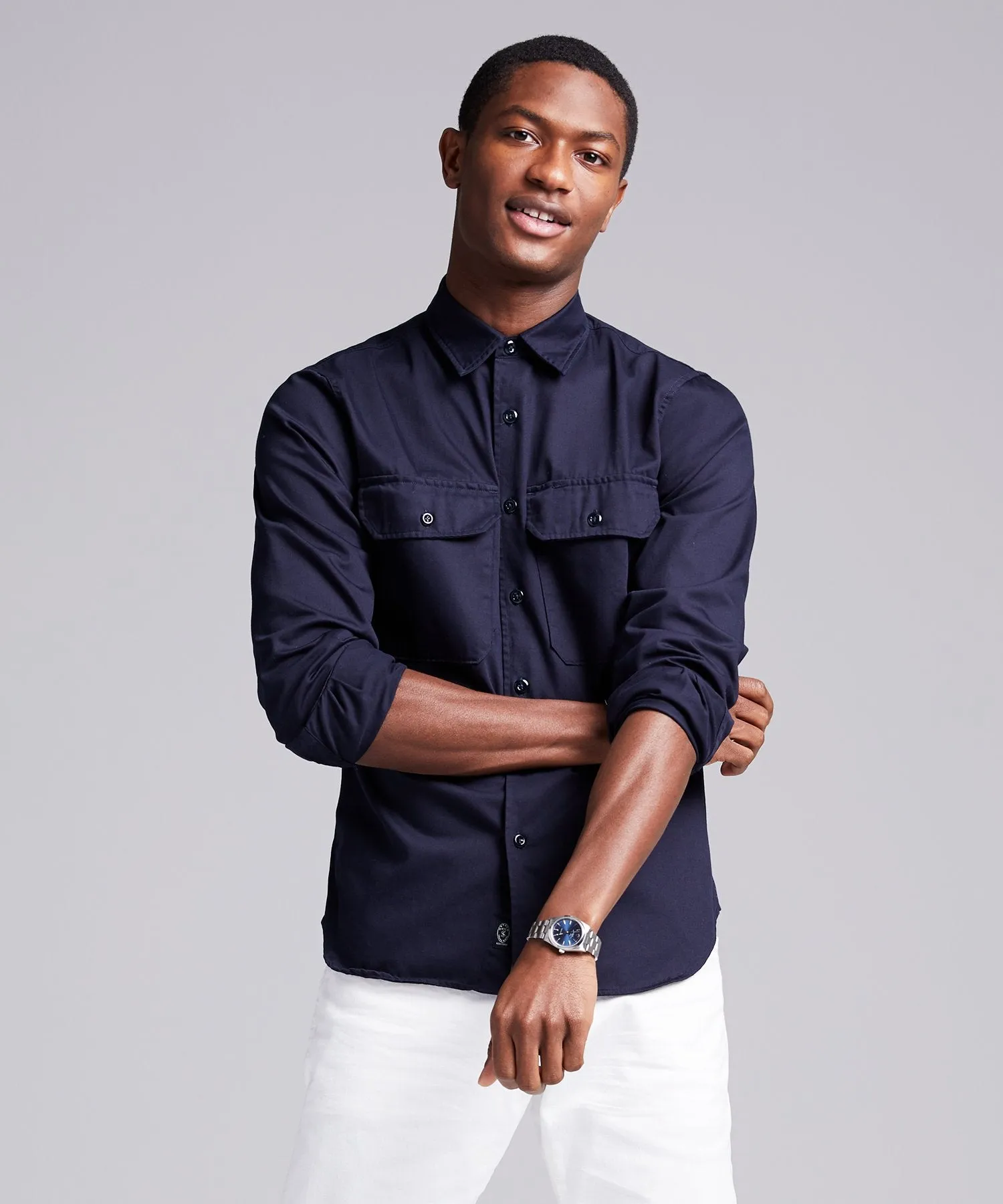 Italian Two Pocket Utility Long Sleeve Shirt in Navy