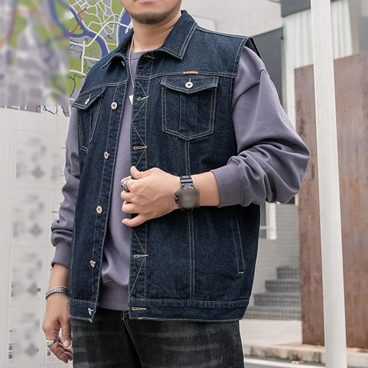 JEKE-DG Men's Classic Denim Waistcoat Sleeveless Motorcycle Trucker Jean Jackets Denim Biker Plus Size Outerwear