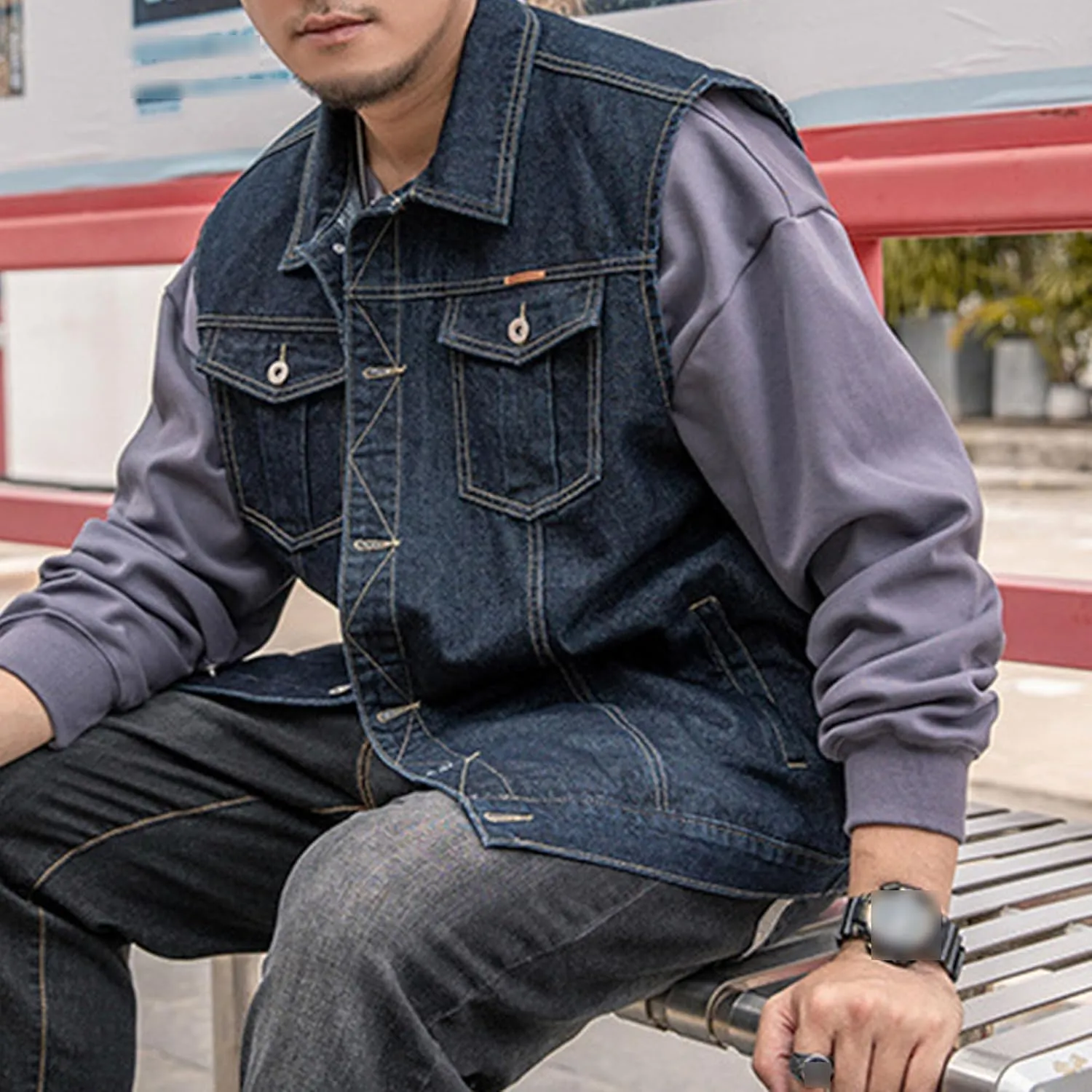 JEKE-DG Men's Classic Denim Waistcoat Sleeveless Motorcycle Trucker Jean Jackets Denim Biker Plus Size Outerwear