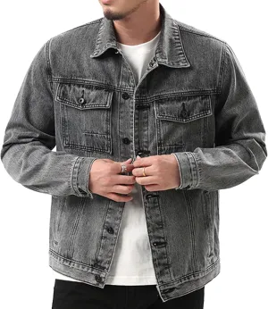 JEKE-DG Men's Classic Slim Denim Jacket Casual Long Sleeve Jean Jacket Coat Distressed Button Down Jean Trucker Coat