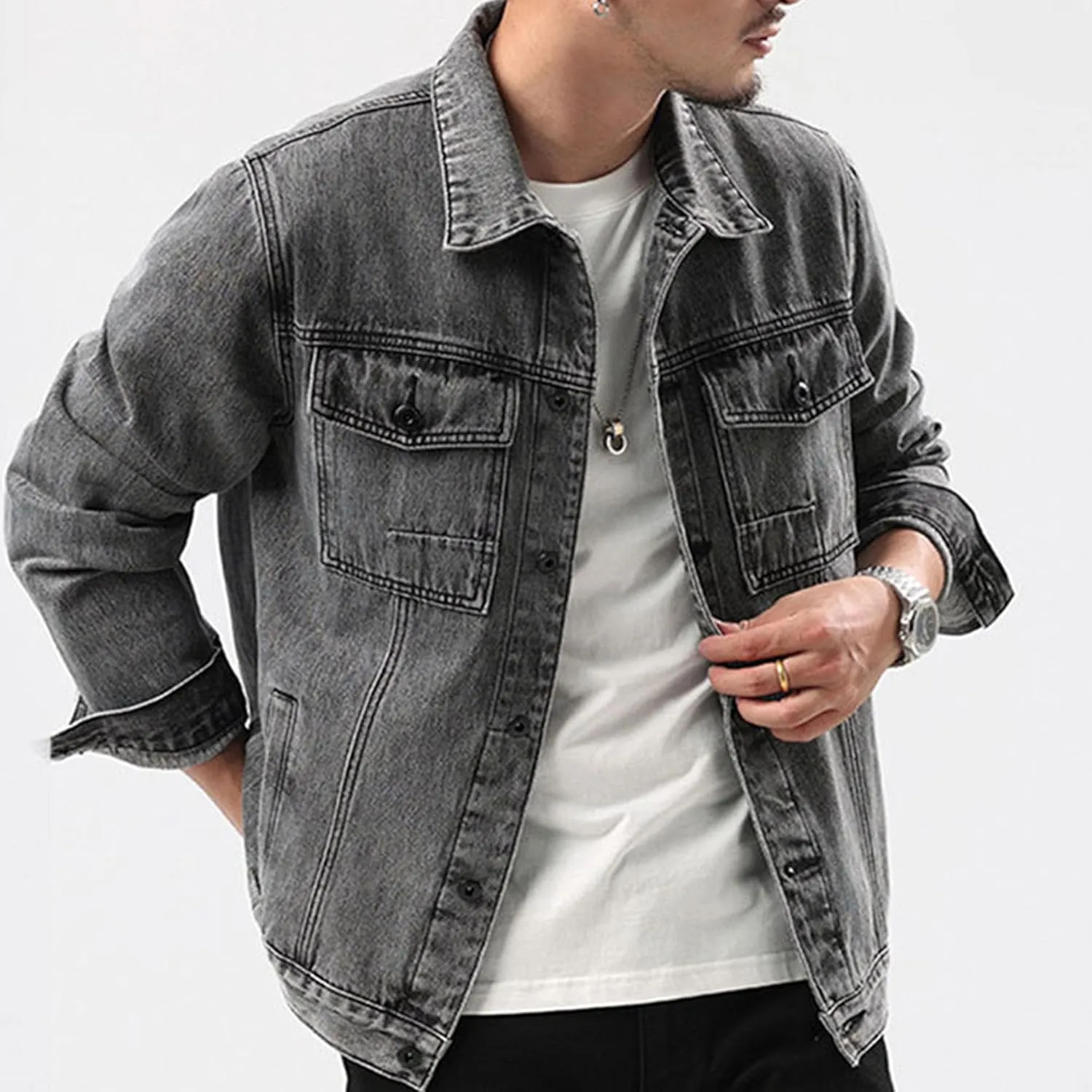 JEKE-DG Men's Classic Slim Denim Jacket Casual Long Sleeve Jean Jacket Coat Distressed Button Down Jean Trucker Coat
