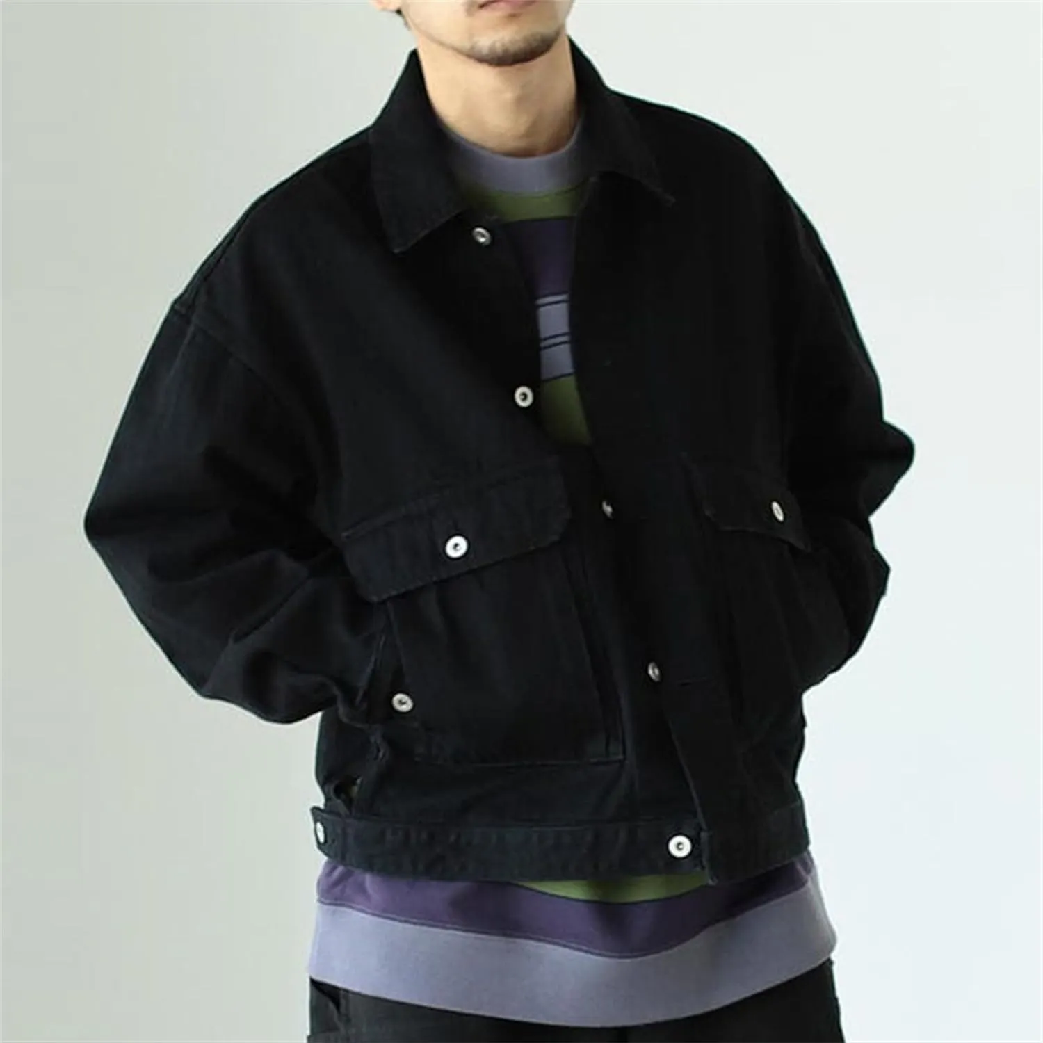 JEKE-DG Men's Distressed Denim Jacket Long Sleeve Button Down Loose Denim Coat Slim Boyfriend Trucker Jackets