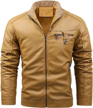 JEsilunmaMY Men's Fleece Lined Leather Jackets Zip Up Stand Collar Warm Motorcycle Coat Slim Fit Winter Thicken Bomber Jacket