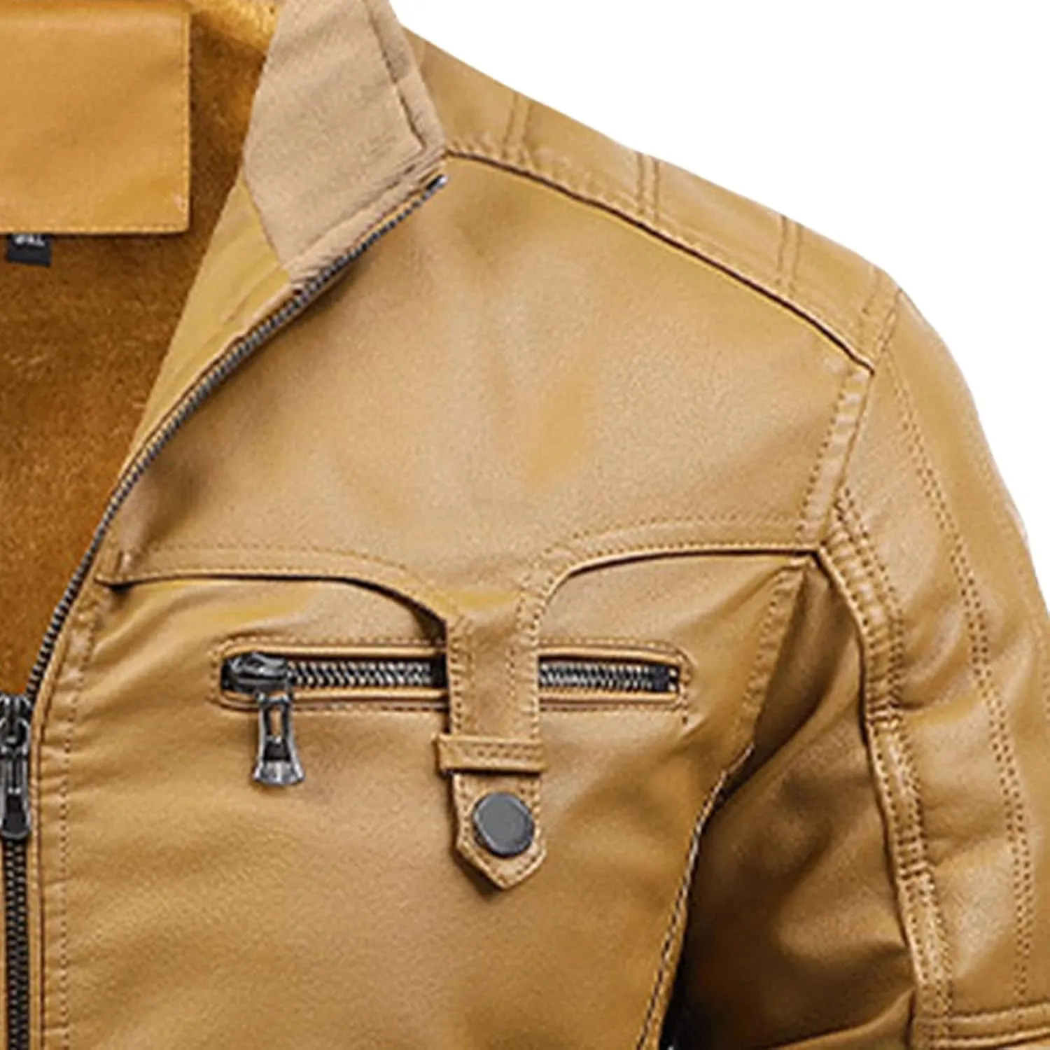 JEsilunmaMY Men's Fleece Lined Leather Jackets Zip Up Stand Collar Warm Motorcycle Coat Slim Fit Winter Thicken Bomber Jacket