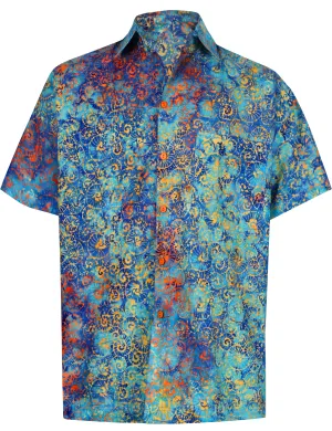 LA LEELA Men's Wear Summer Everyday Essentials  Casual  Shirt 100% NATURAL COTTON Tropical Hawaiian  Shirt  Hand Batik Printed Turquoise.