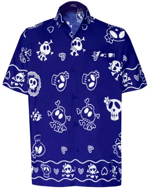 LA LEELA Regular Size Beach hawaiian Shirt for Aloha Tropical Beach front Short Sleeve for Men Skull Printed Blue