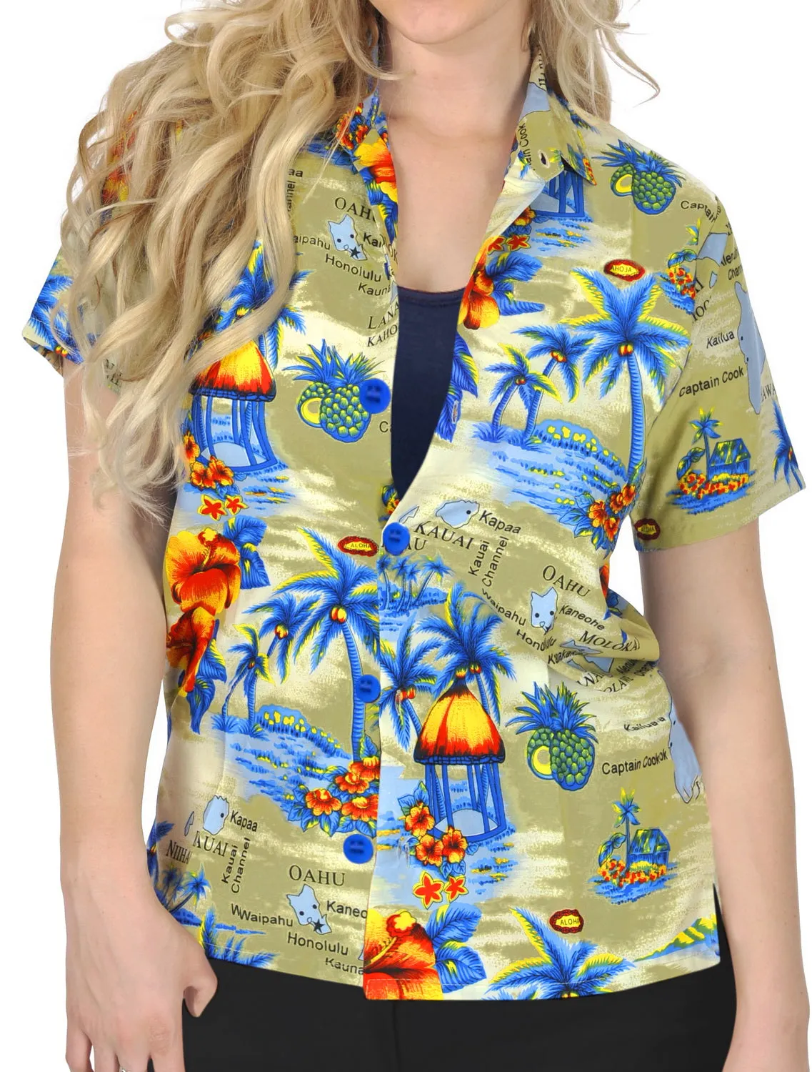 LA LEELA Women's Beach Casual Hawaiian Blouse Short Sleeve button Down Shirt Beige_W984