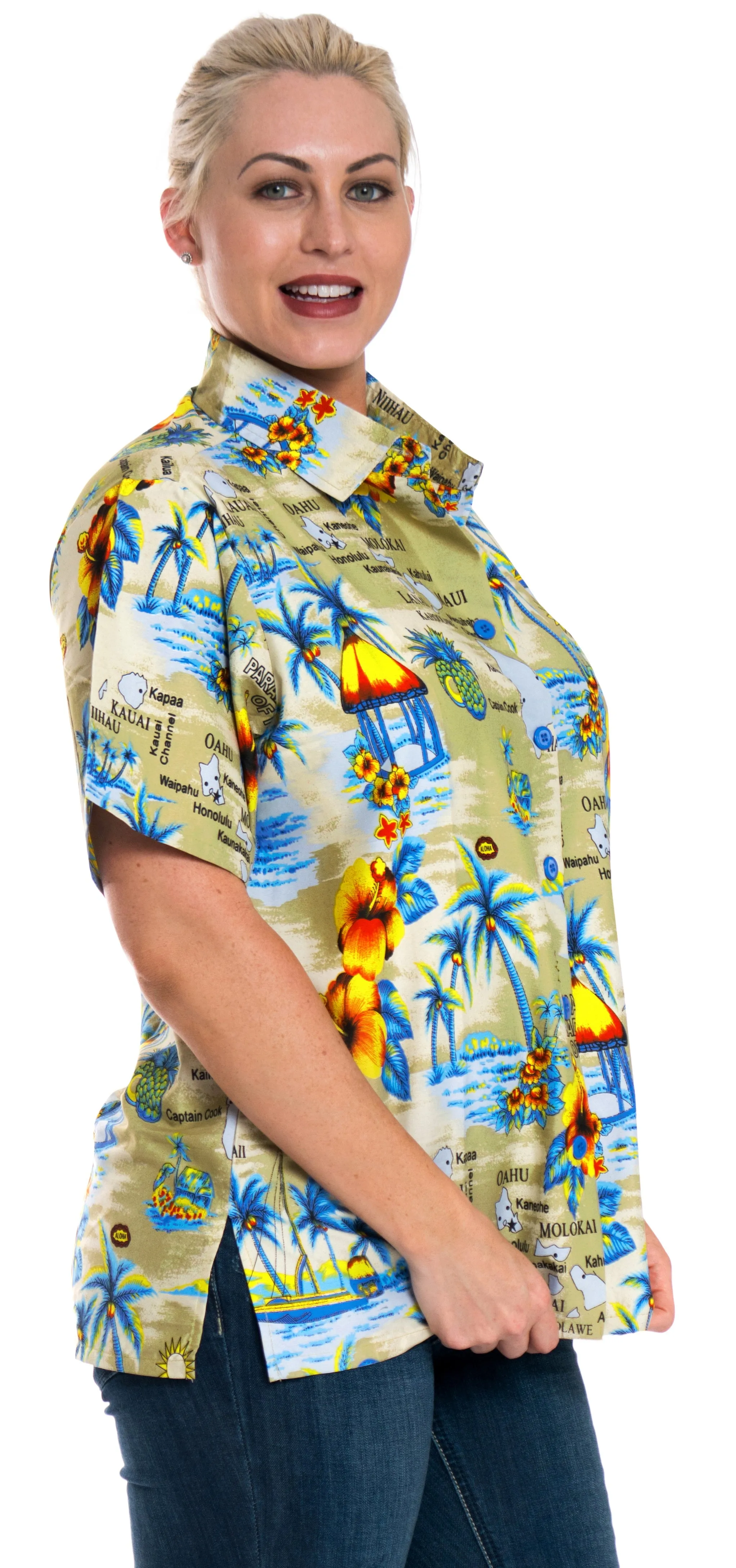 LA LEELA Women's Beach Casual Hawaiian Blouse Short Sleeve button Down Shirt Beige_W984