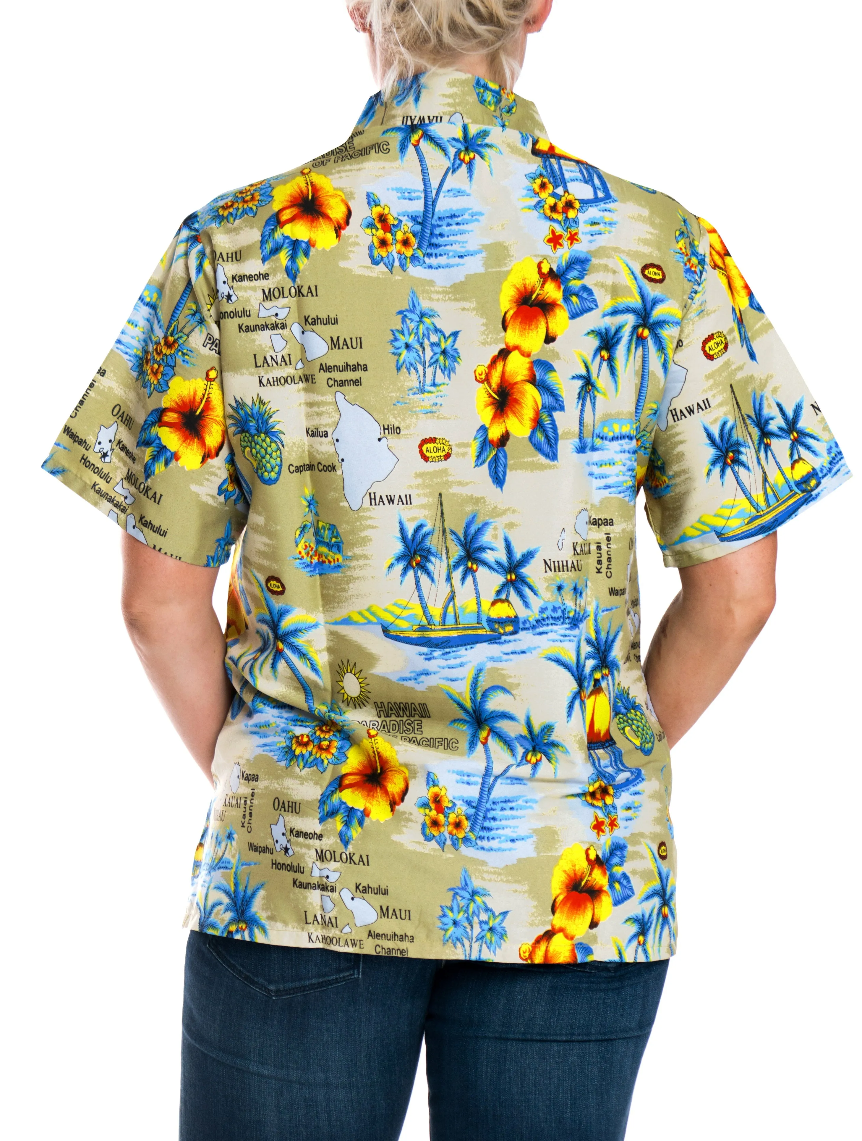 LA LEELA Women's Beach Casual Hawaiian Blouse Short Sleeve button Down Shirt Beige_W984