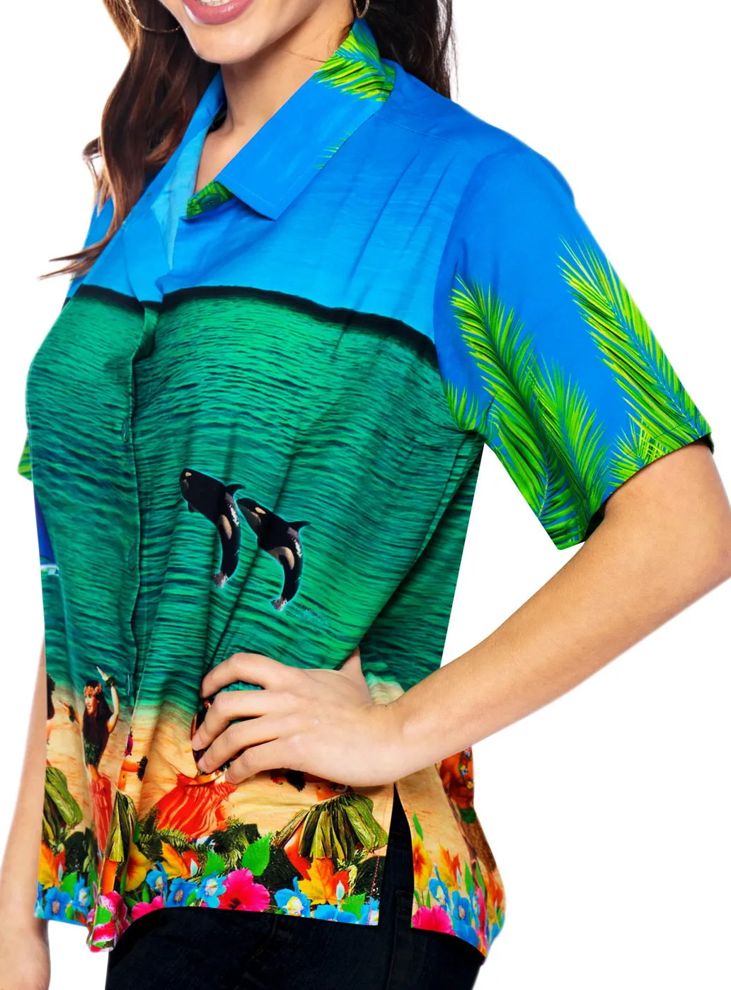 LA LEELA Women's Beach Casual Hawaiian Blouse Short Sleeve button Down Shirt Multicolor DR052