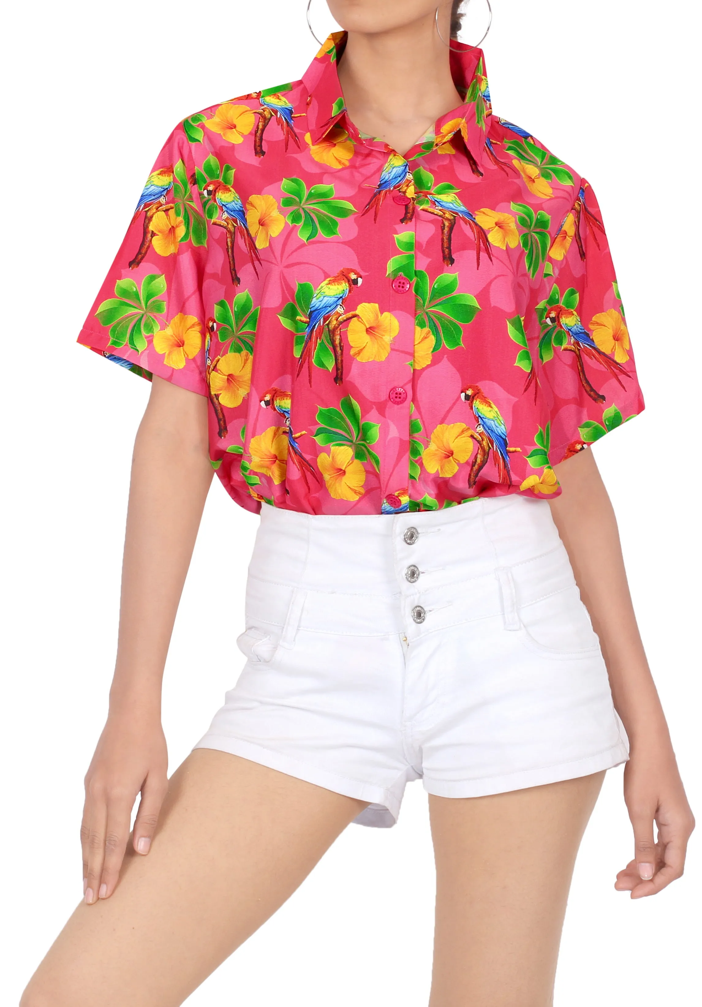 LA LEELA Women's Beach Casual Hawaiian Blouse Short Sleeve button Down Shirt Printed Pink DRT153