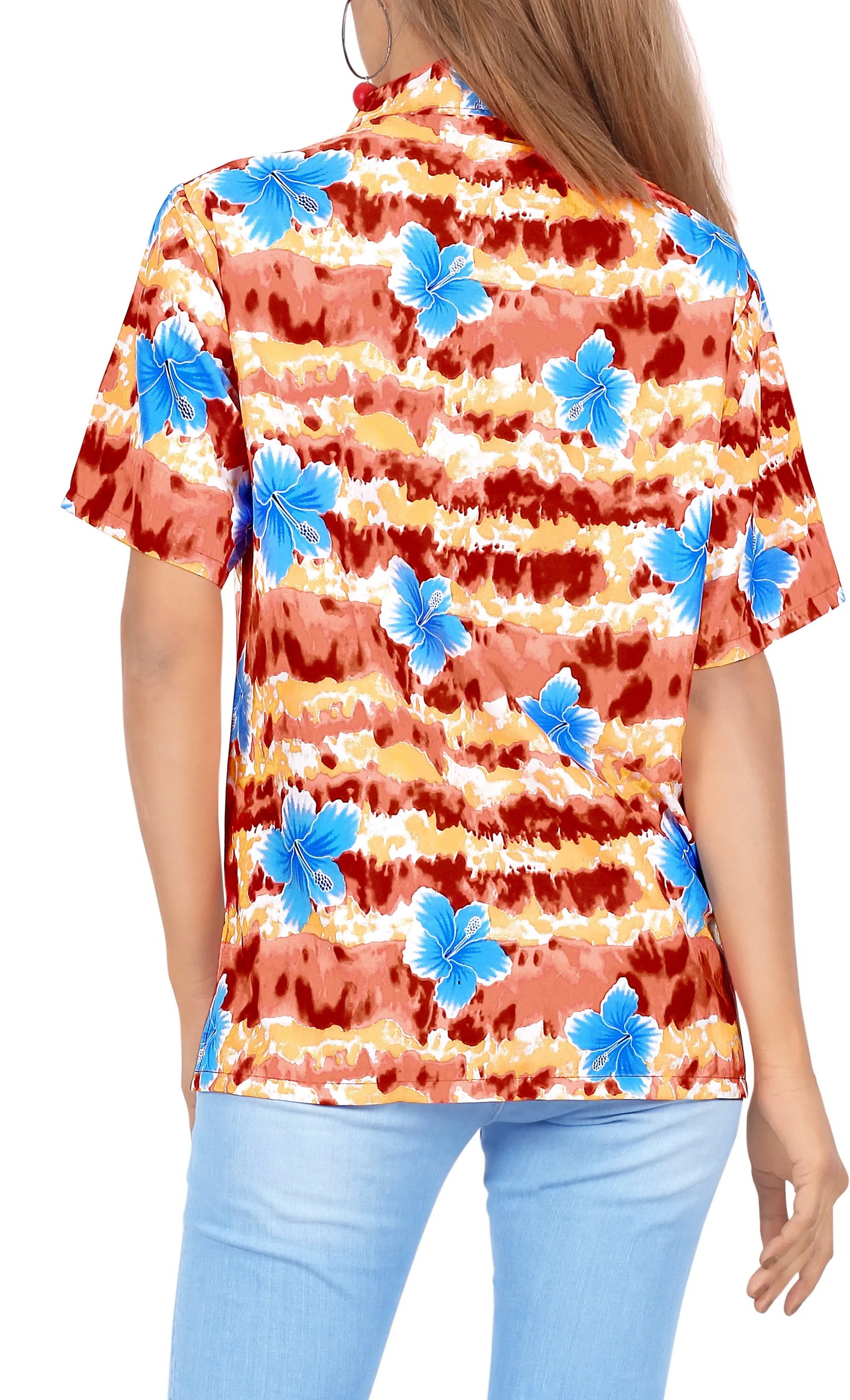 LA LEELA Women's Beach Casual Hawaiian Blouse Short Sleeve button Down Shirt Red tropicals