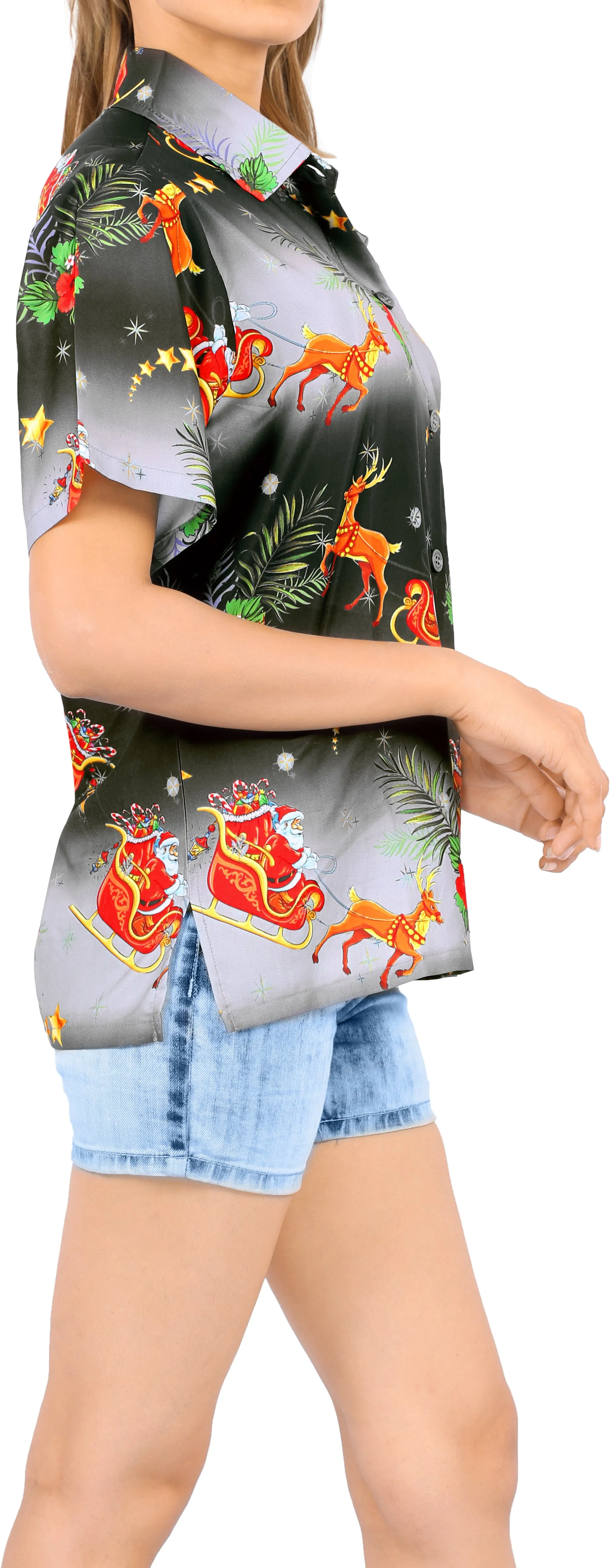 LA LEELA Women's Christmas Santa Claus Hawaiian Shirt Relaxed Fit Tropical Beach Shirt Black_AA316