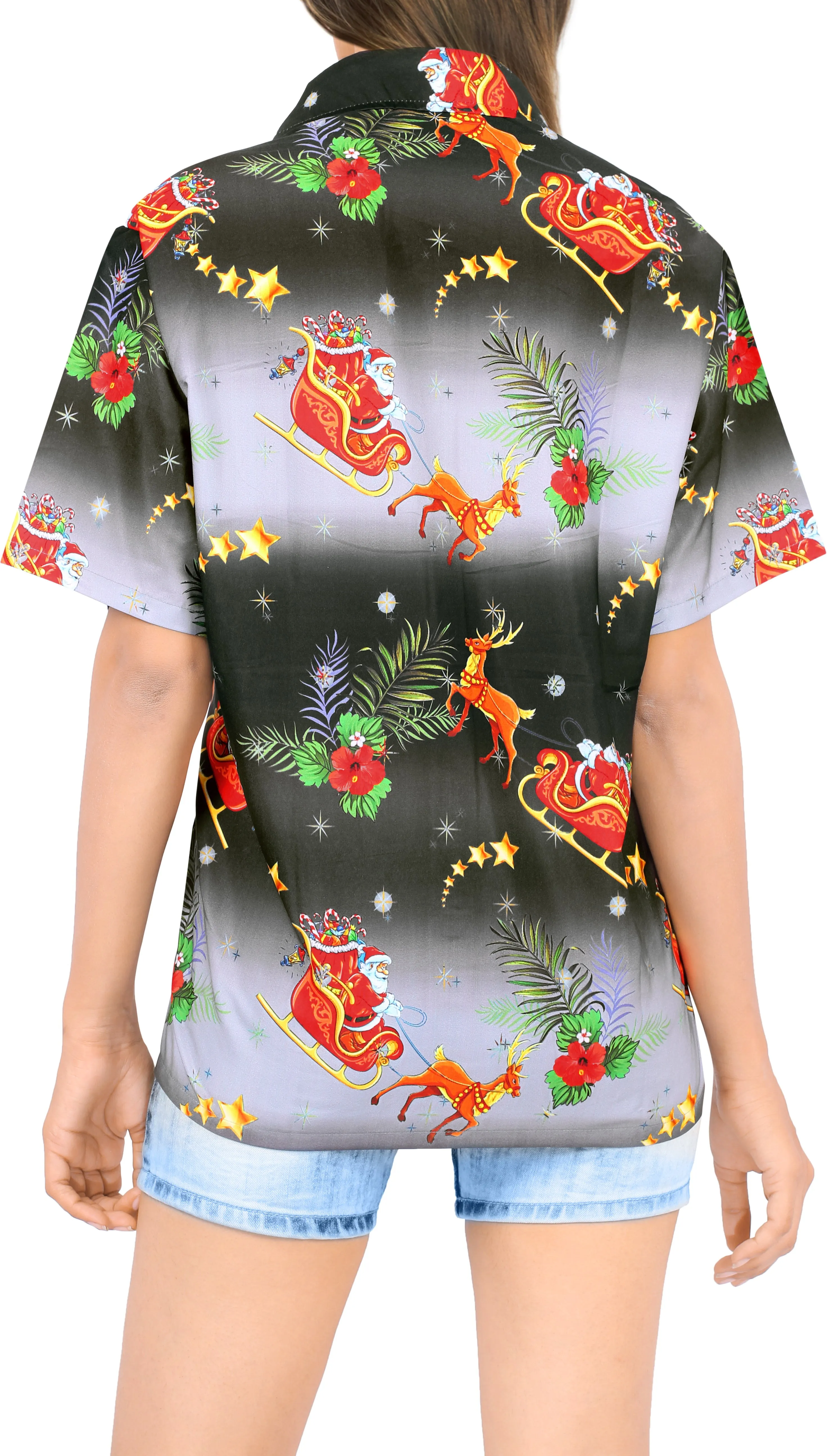 LA LEELA Women's Christmas Santa Claus Hawaiian Shirt Relaxed Fit Tropical Beach Shirt Black_AA316