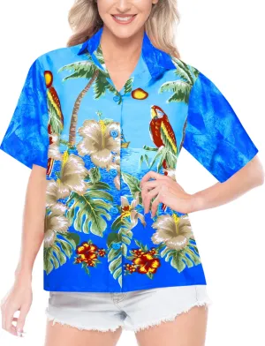 La Leela Women's Parrot Grove Relaxed Fit Beach Hawaiian Aloha Tropical Short Sleeve Blouse Printed Shirt Blue