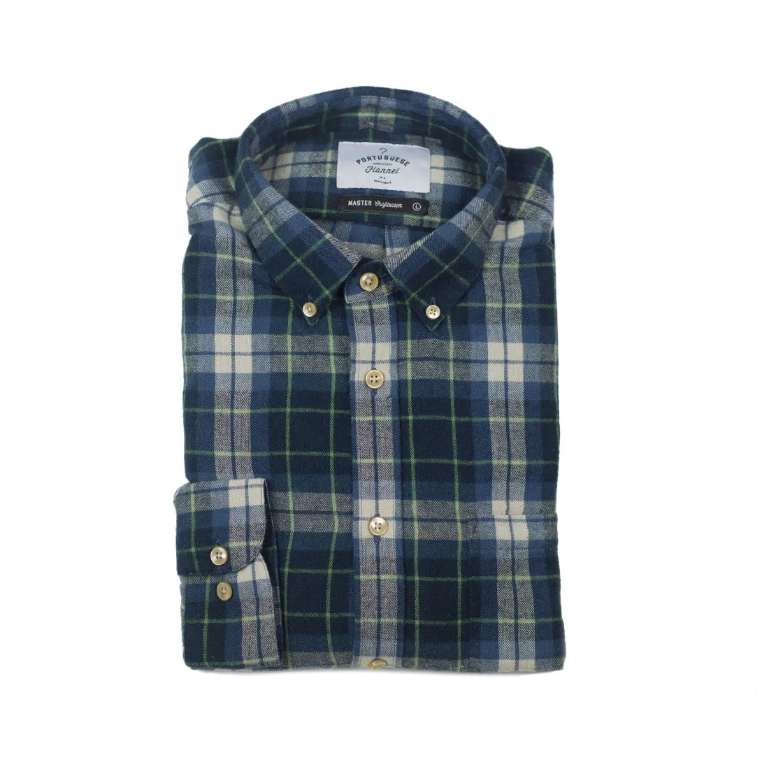 Laboriero blue, white and green checked flannel shirt