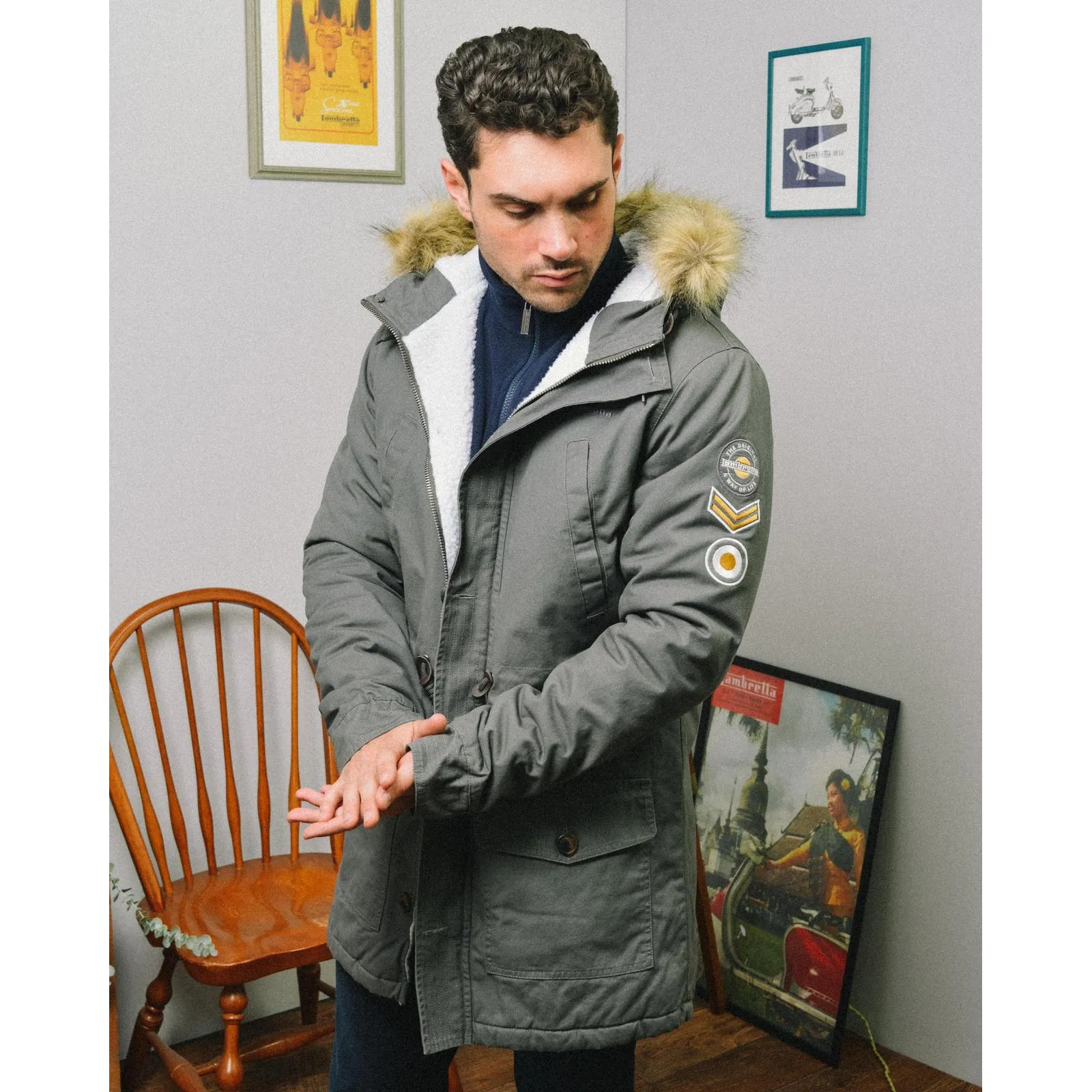 Lambretta Sherpa Lined Faux Fur Hooded Parka Jacket - Granite