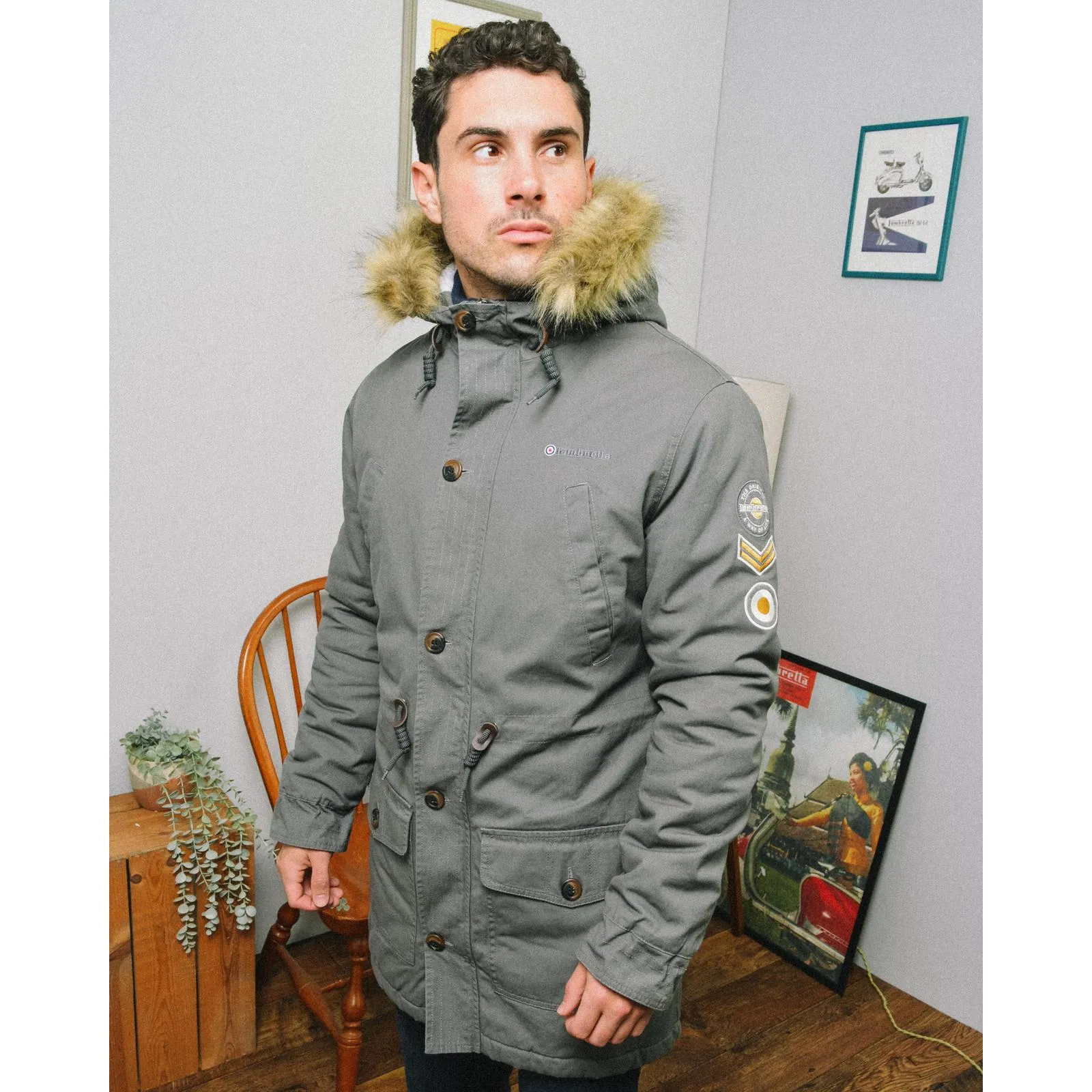 Lambretta Sherpa Lined Faux Fur Hooded Parka Jacket - Granite