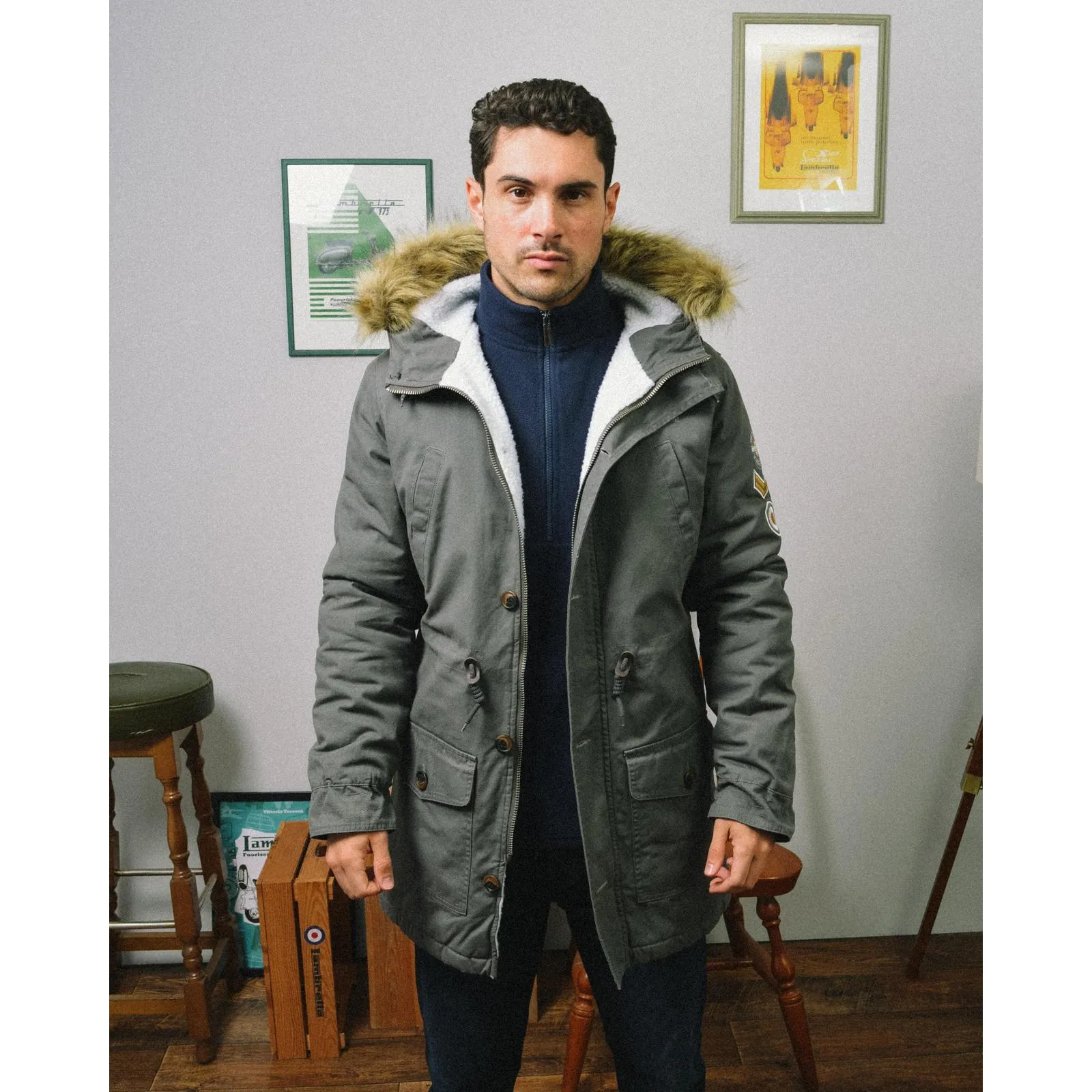 Lambretta Sherpa Lined Faux Fur Hooded Parka Jacket - Granite