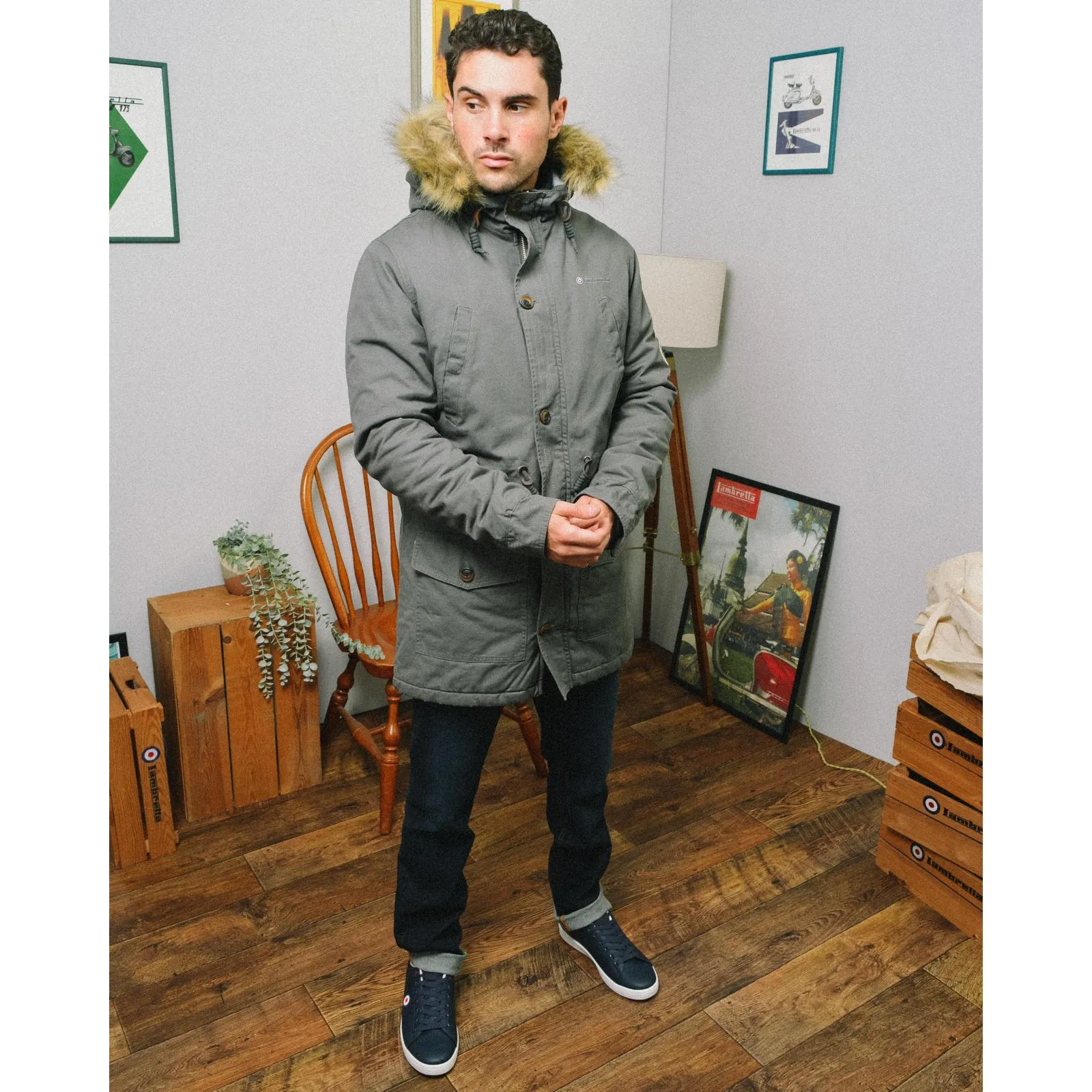 Lambretta Sherpa Lined Faux Fur Hooded Parka Jacket - Granite