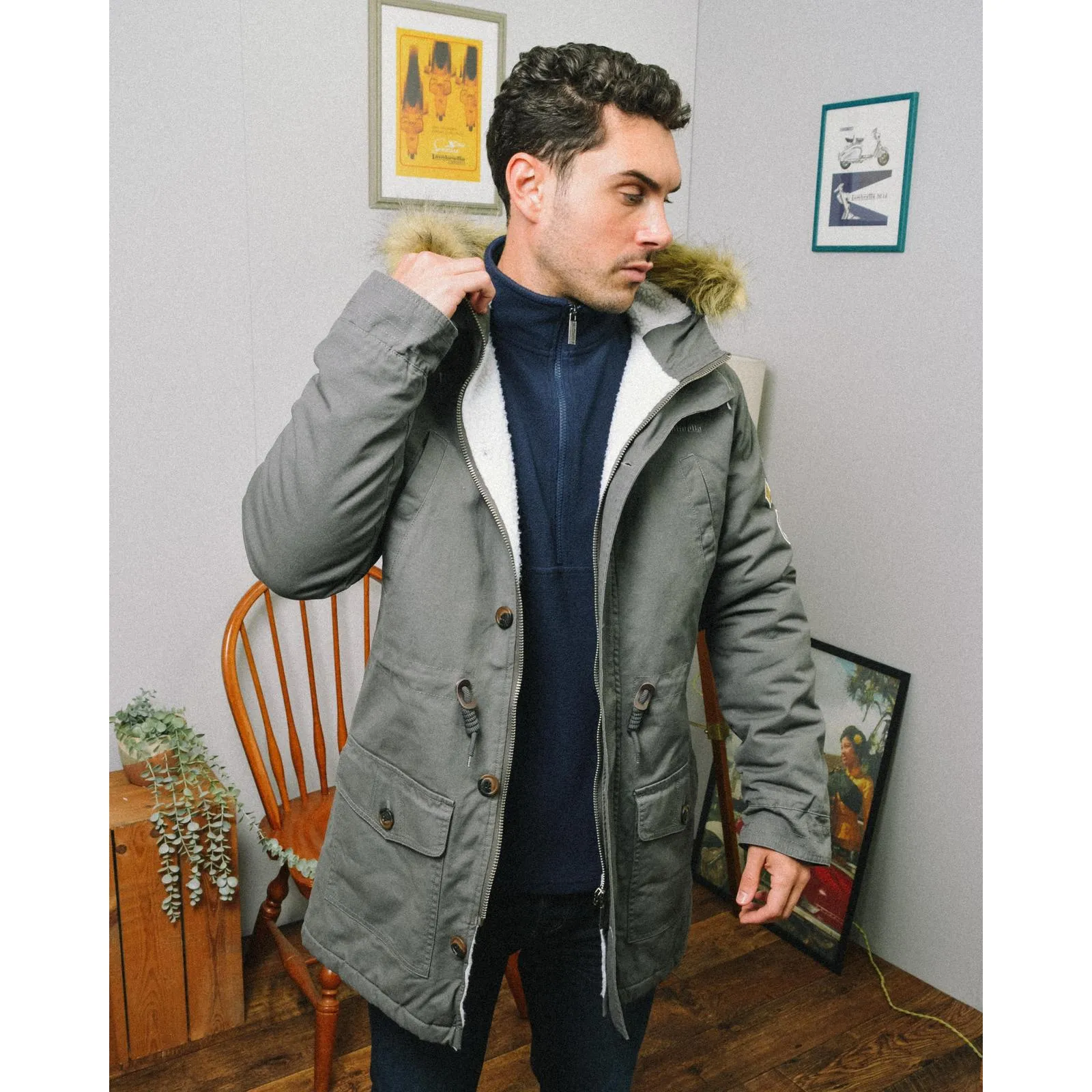 Lambretta Sherpa Lined Faux Fur Hooded Parka Jacket - Granite