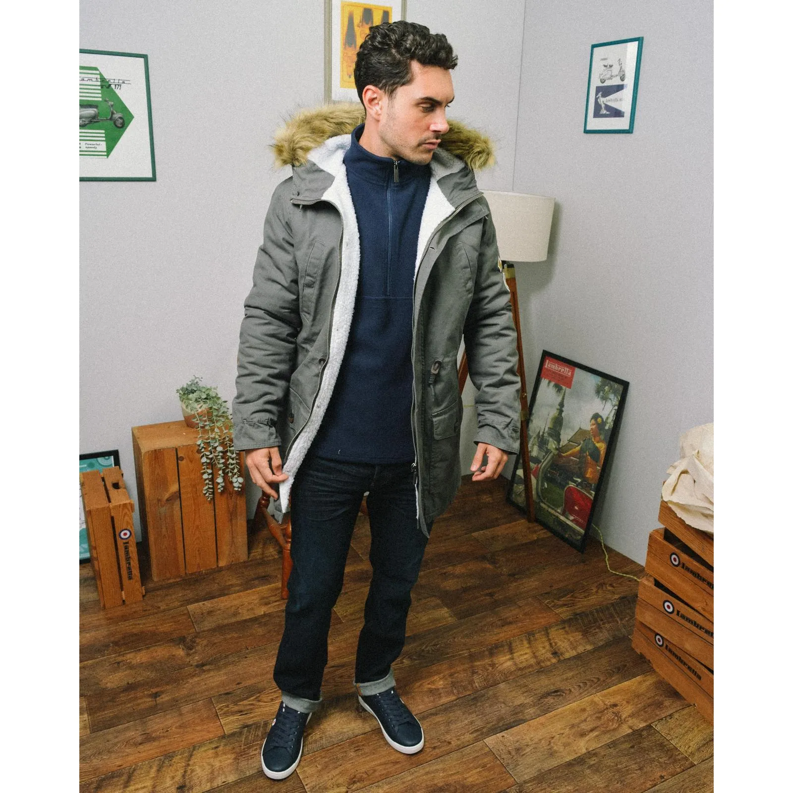 Lambretta Sherpa Lined Faux Fur Hooded Parka Jacket - Granite