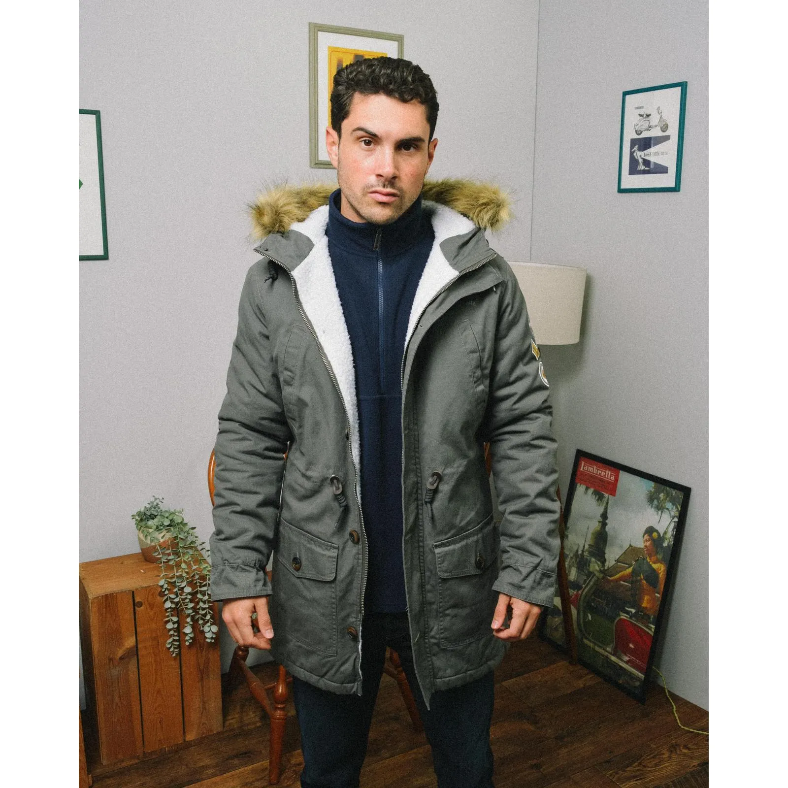Lambretta Sherpa Lined Faux Fur Hooded Parka Jacket - Granite