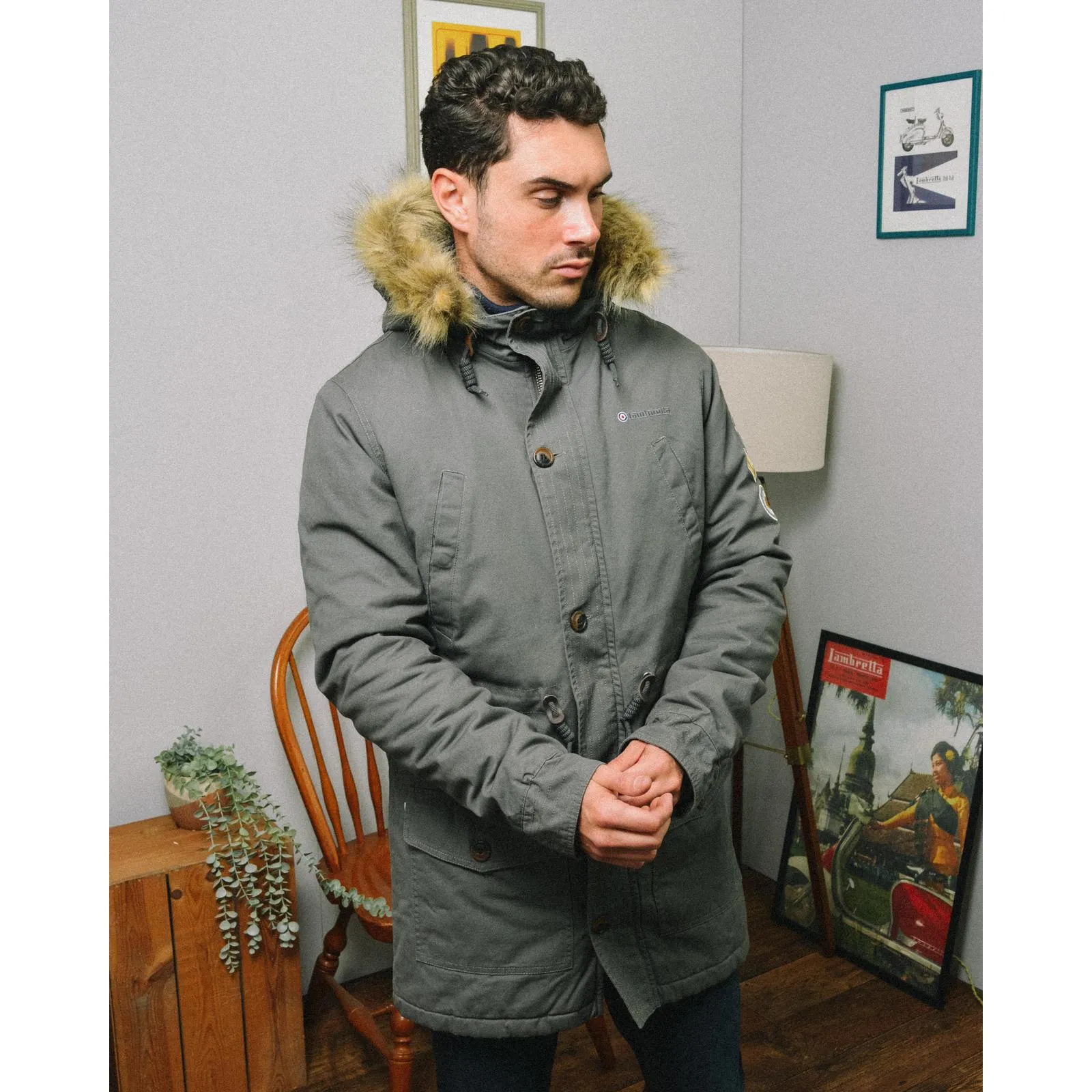 Lambretta Sherpa Lined Faux Fur Hooded Parka Jacket - Granite