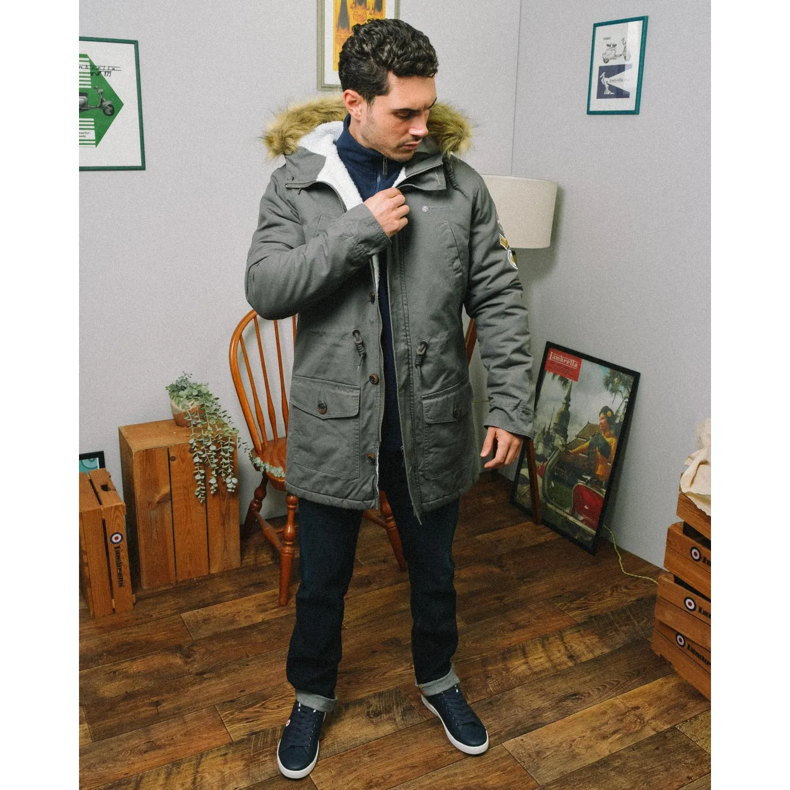 Lambretta Sherpa Lined Faux Fur Hooded Parka Jacket - Granite