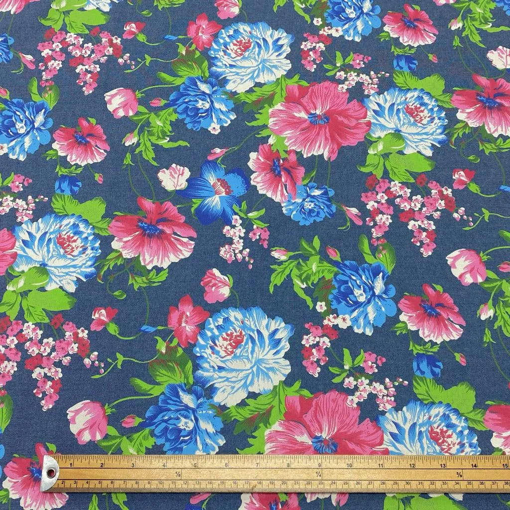 Large Pink & Blue Floral Chambray Denim Fabric