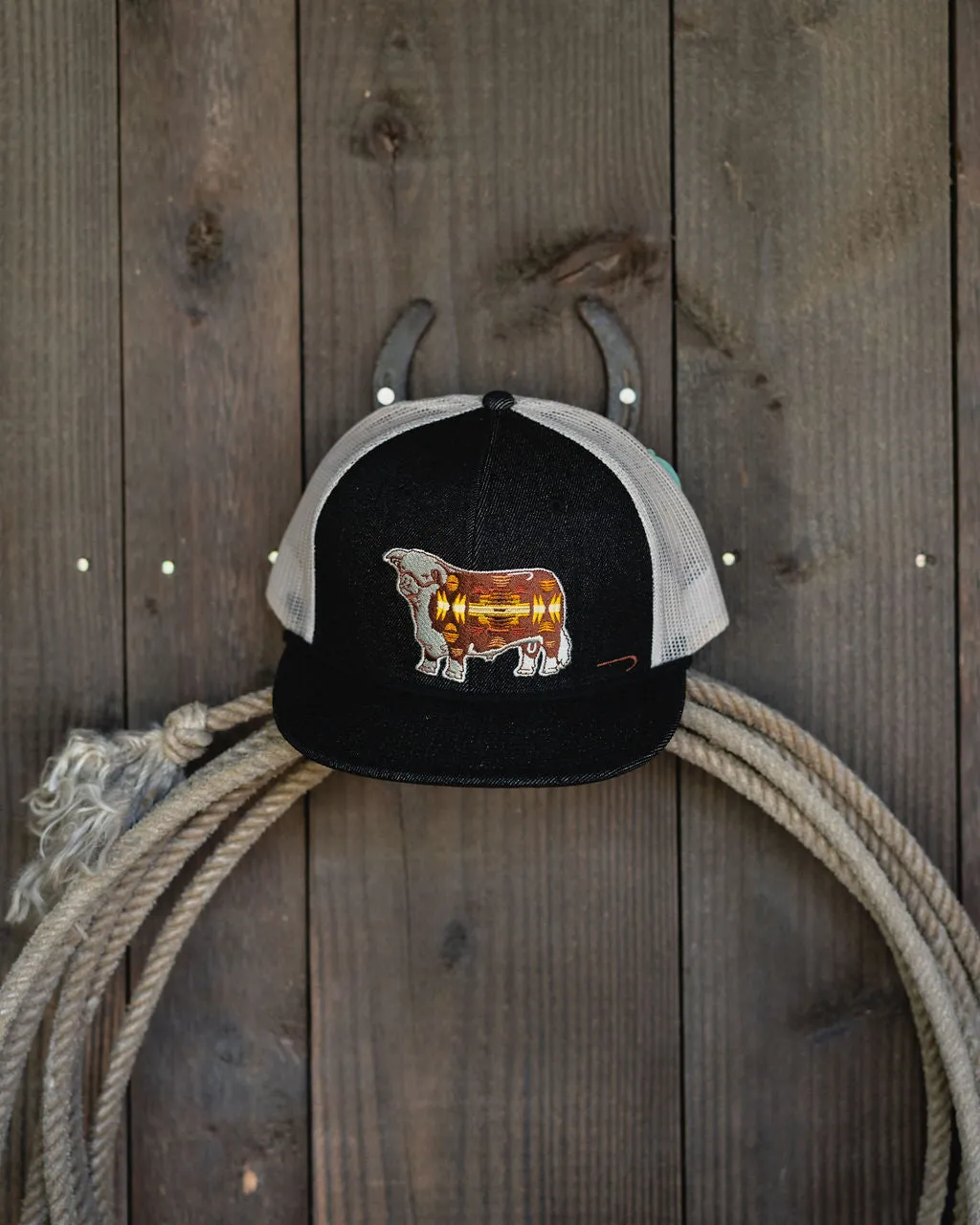 Lazy J Ranch Denim & White Apache Hereford Bull Classic Rope Trucker Hat