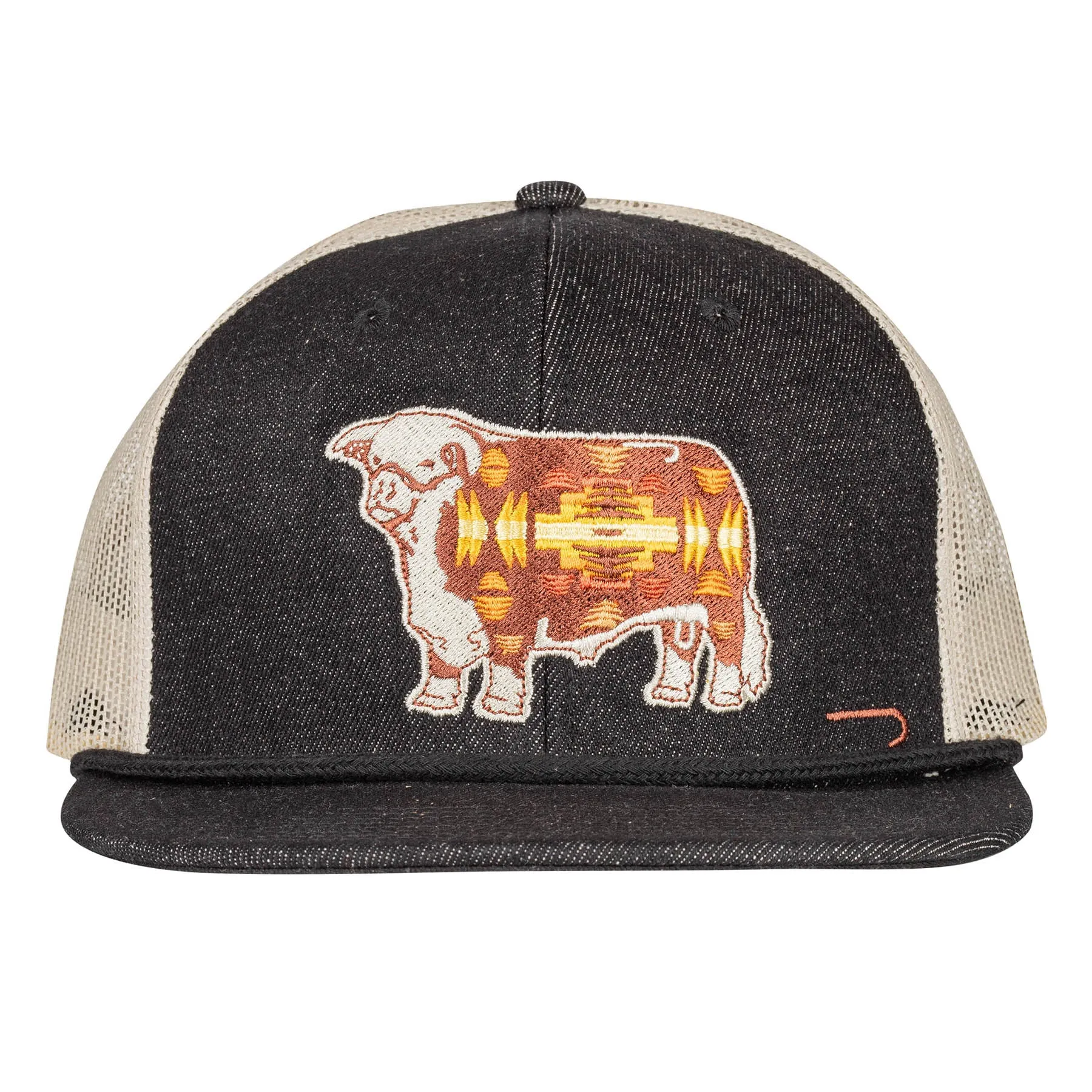 Lazy J Ranch Denim & White Apache Hereford Bull Classic Rope Trucker Hat