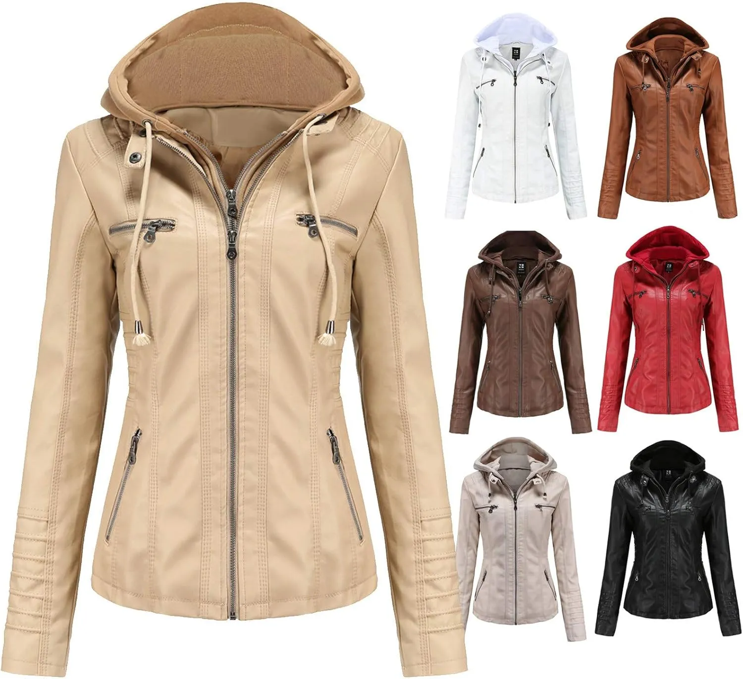 LCMTWX Brown Leather Jacket Women PU Leather Coat Jacket Locomotive Short Zipper Coat Jacket Leather Jackets White Leather
