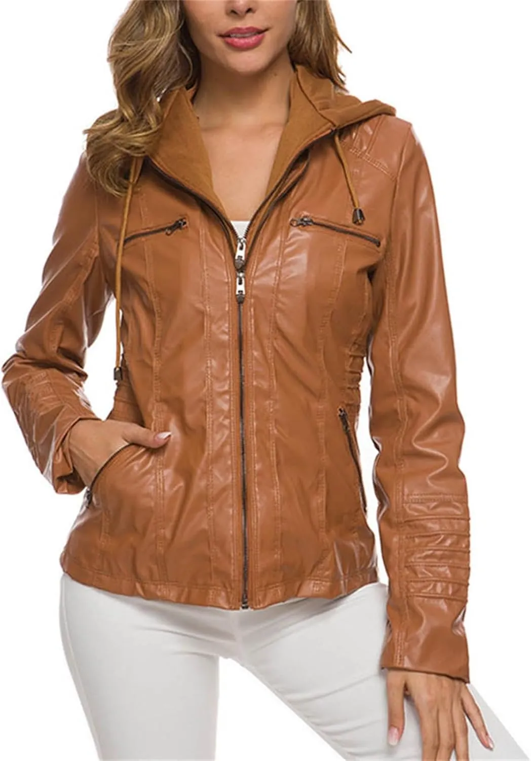 LCMTWX Brown Leather Jacket Women PU Leather Coat Jacket Locomotive Short Zipper Coat Jacket Leather Jackets White Leather