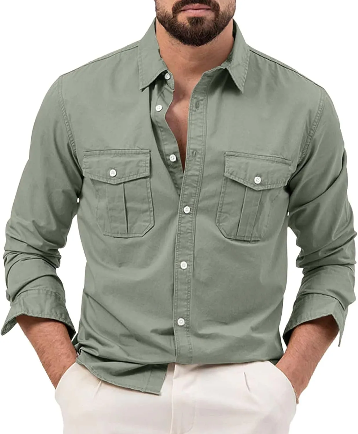 LCMTWX Men's Long Sleeve Button Up Shirts Long Sleeved Lapel Solid Color Shirt Shirt Double Pockets Men's Shirt Tee Shirts