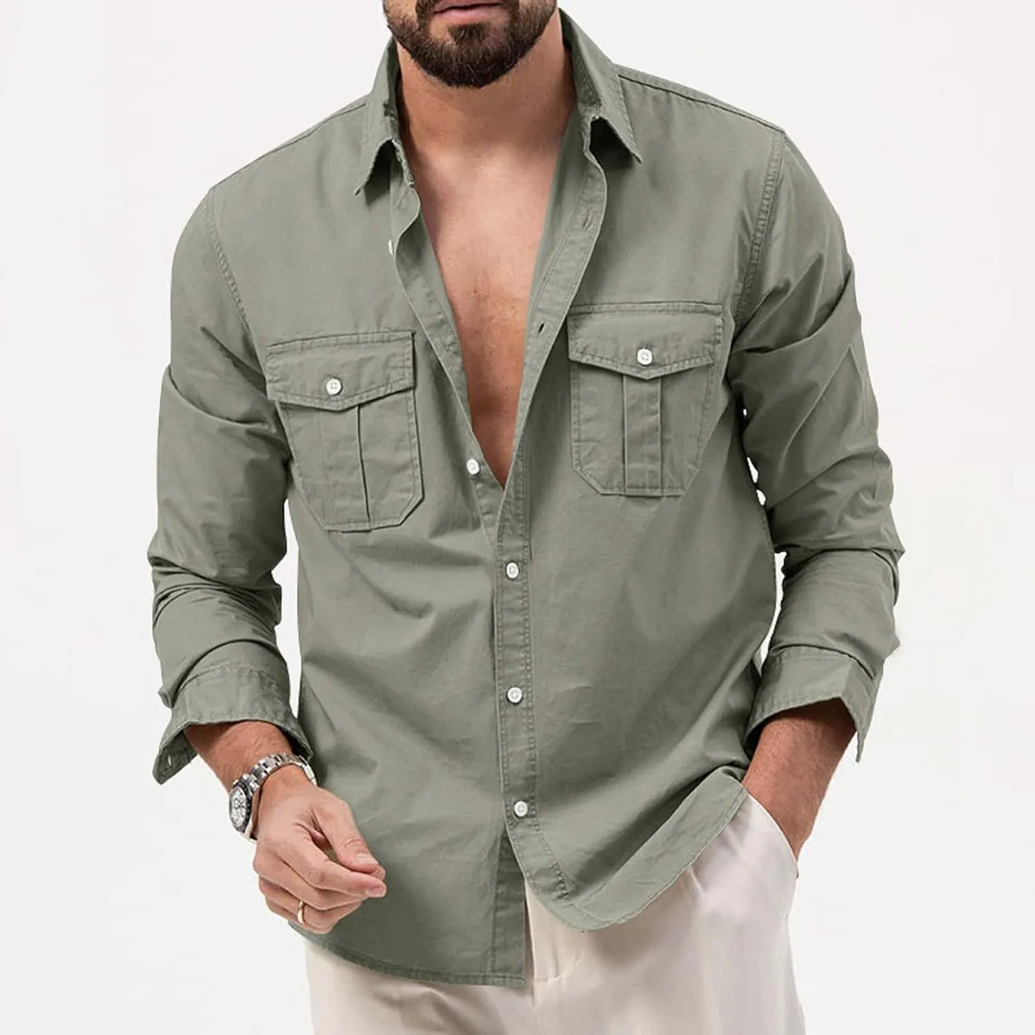 LCMTWX Men's Long Sleeve Button Up Shirts Long Sleeved Lapel Solid Color Shirt Shirt Double Pockets Men's Shirt Tee Shirts