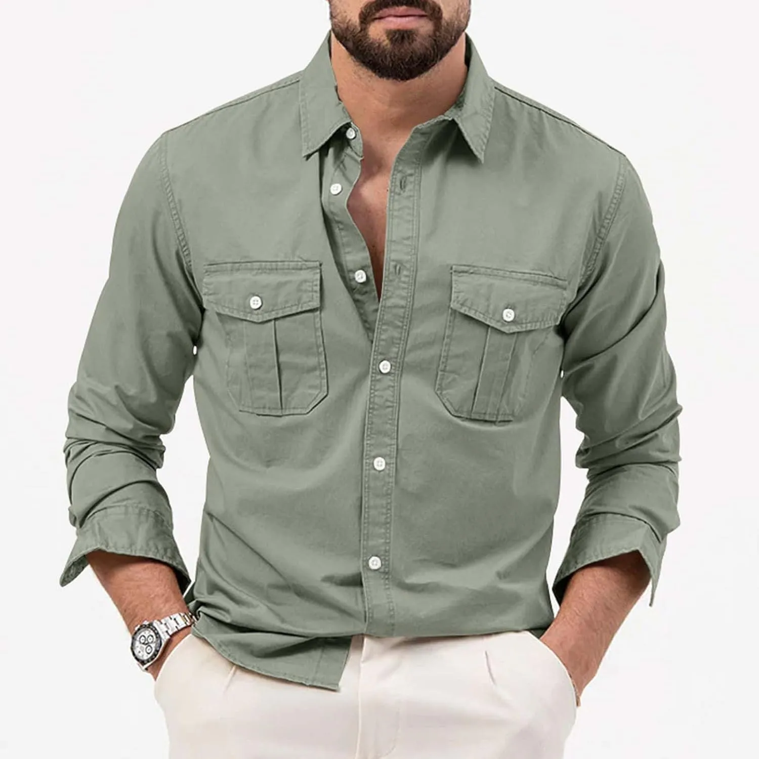 LCMTWX Men's Long Sleeve Button Up Shirts Long Sleeved Lapel Solid Color Shirt Shirt Double Pockets Men's Shirt Tee Shirts