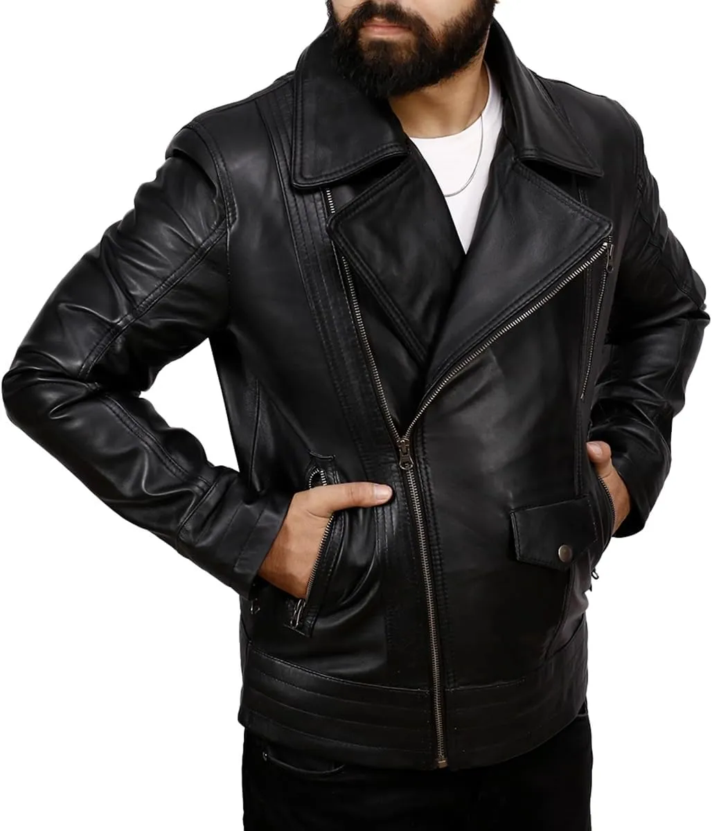 Leather Biker Jacket Men - Genuine Leather Motorcycle Jacket Distressed Leather Jacket - Tan/Brown