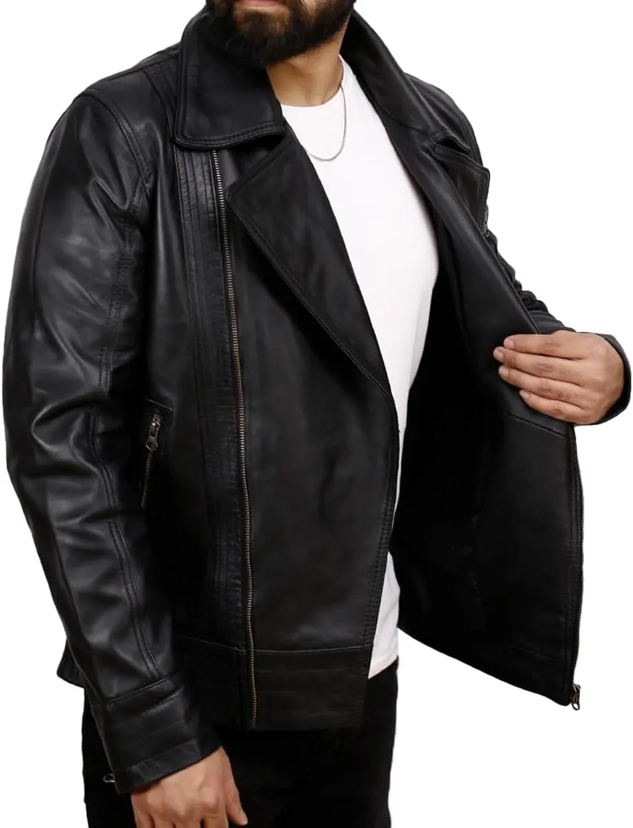 Leather Biker Jacket Men - Genuine Leather Motorcycle Jacket Distressed Leather Jacket - Tan/Brown