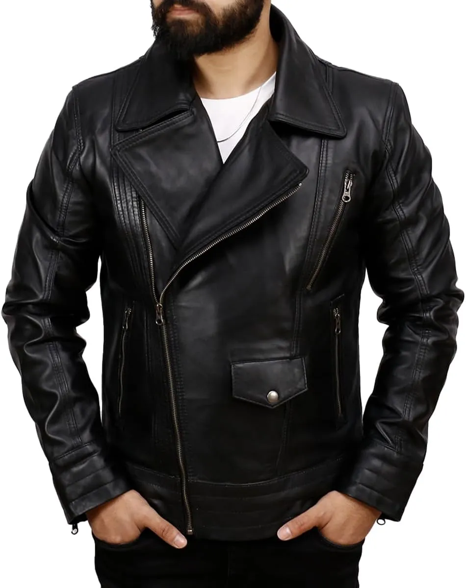 Leather Biker Jacket Men - Genuine Leather Motorcycle Jacket Distressed Leather Jacket - Tan/Brown